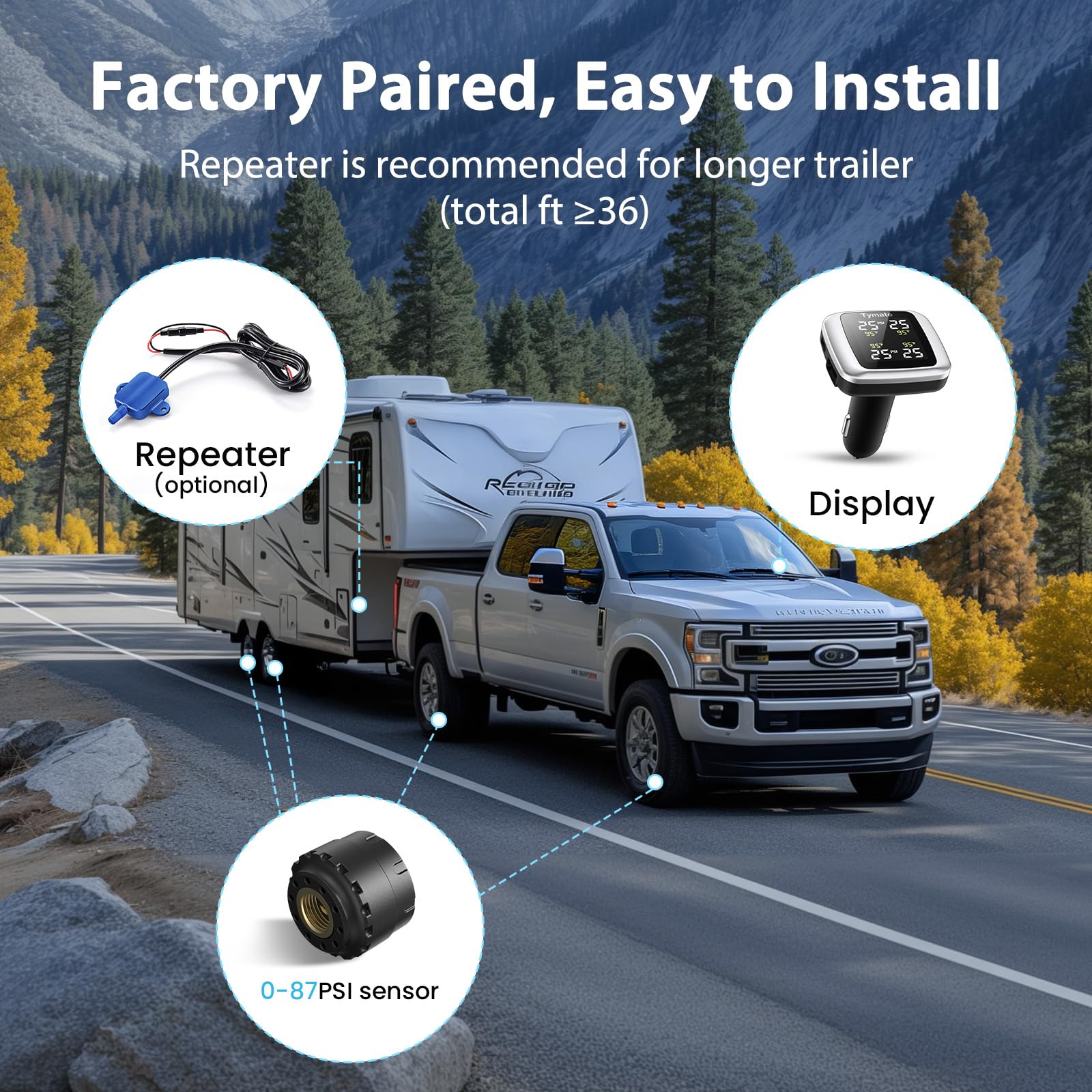 Tymate TM7 Wireless Tire Pressure Monitoring System with 4 Sensors, Color Display, 0-87 PSI, Ideal for RV, SUV, Truck, Sedan