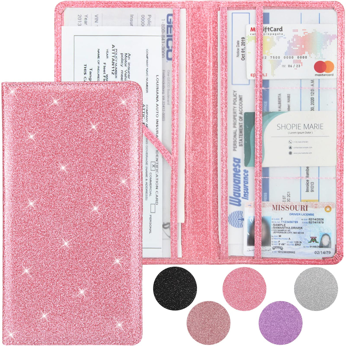 Car Registration And Insurance Holder, Premium Bling Leather Insurance And Registration Holder,Vehicle Glove Box Car Organizer,Wallet Accessories Case With Magnetic Shut For Cards, Essential Document, Driver License (Pink)