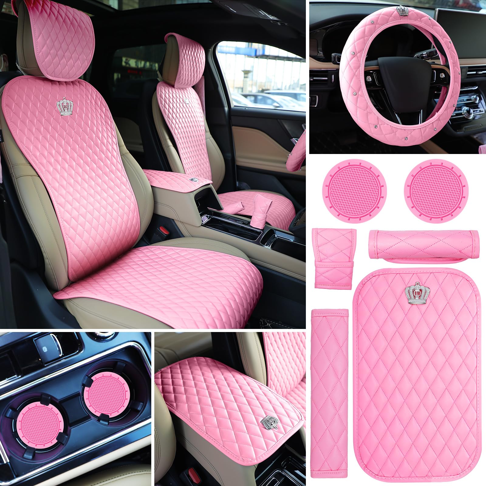 Tallew Pink Car Accessories Set Car Seat Covers Full Set Steering Wheel Cover Headrest Cover With Center Console Pad Cup Holders