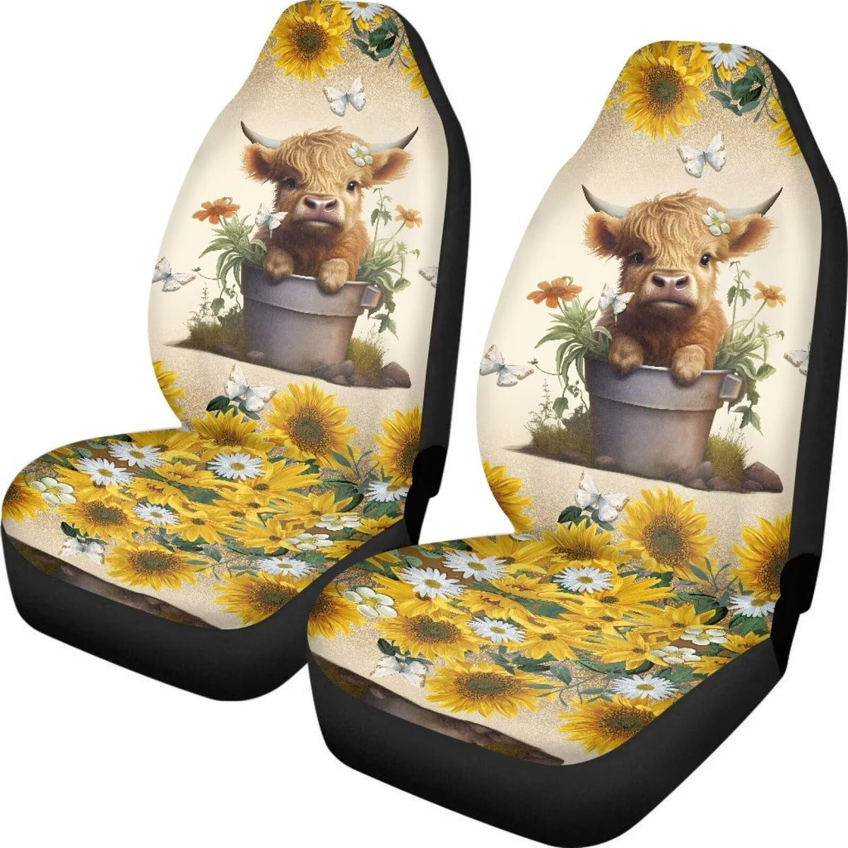 Buybai Sunflower Cow Car Seat Cover Set 2 Pcs Wear-Resistant Front Saddle Blanket Comfort Covers Standard Car Sear Covers Full S