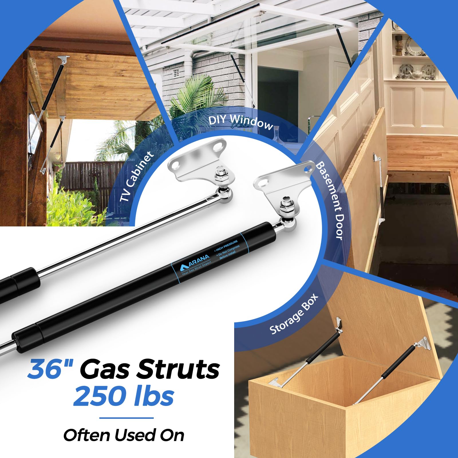 Arana Gas Struts 36 Inch 250Lb Gas Springs Shocks With Mounting Brackets, 36'' Hydraulic Lift Support For Heavy Duty Lid Rv Bed