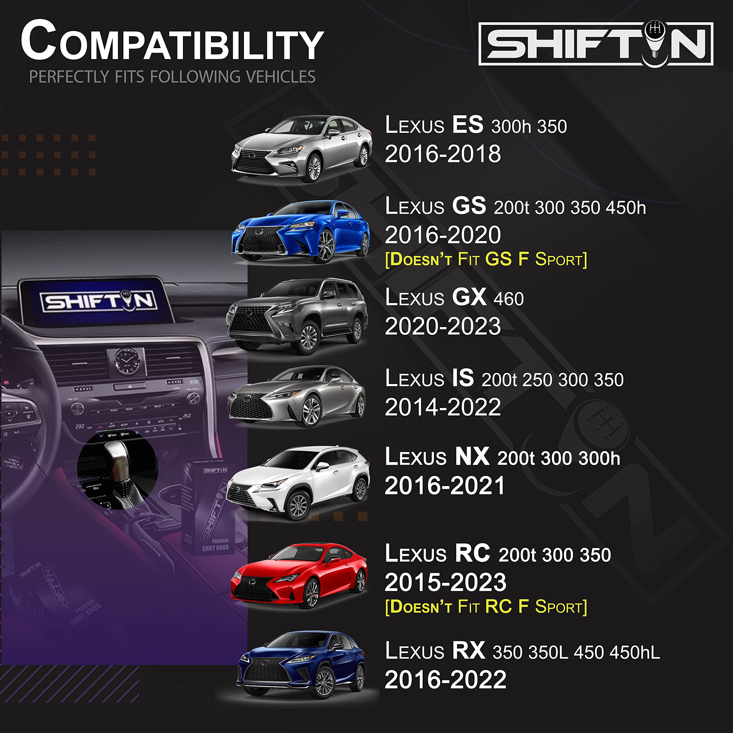 Shiftin Gear Shift Knob Shifter For Lexus Es Gs Gx Is Nx Rc Rx 200T 300 350 3450H 450Hl 350L (Black Leather/Gray Silver)