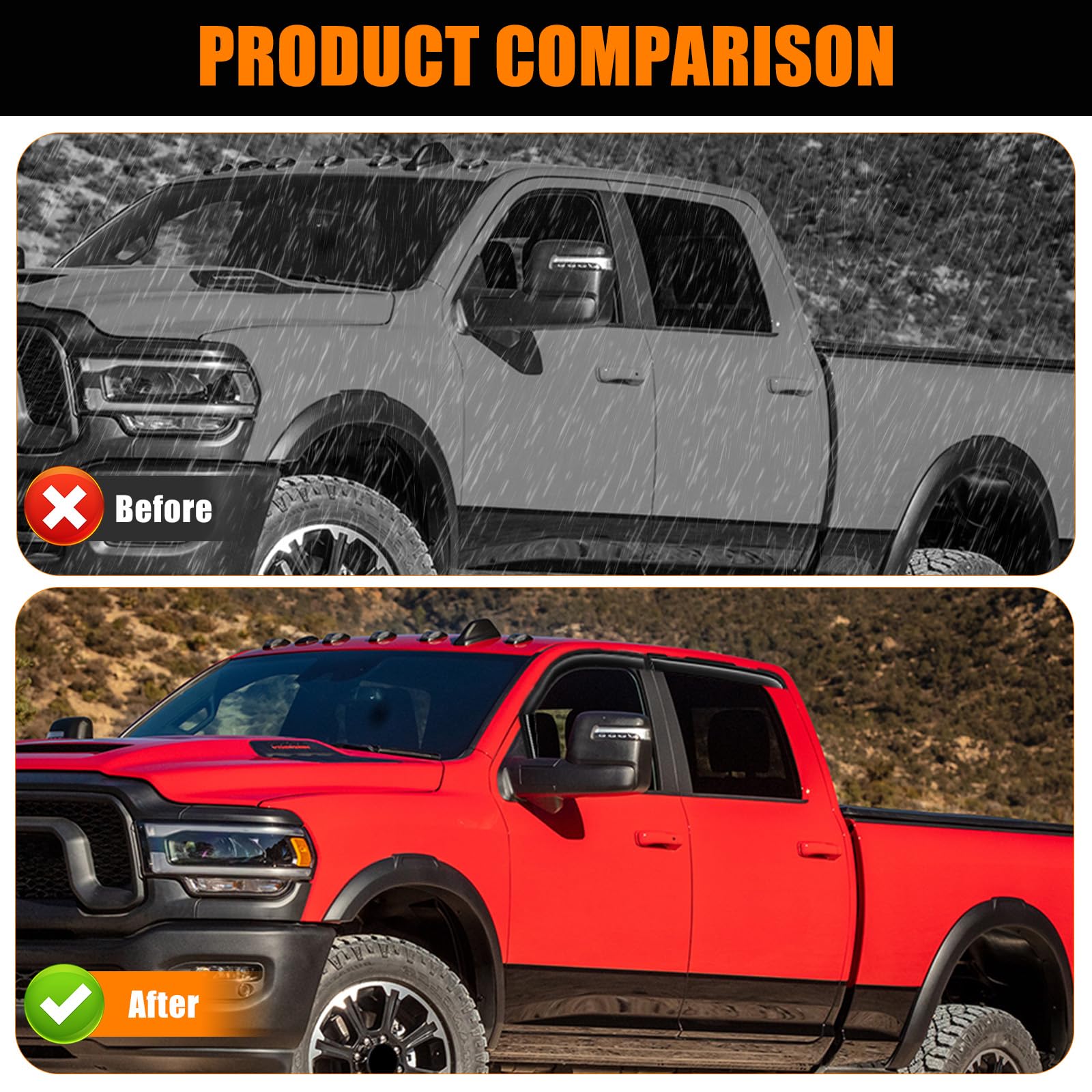 FormiPow Black Window Rain Guards for 2019-2024 Dodge RAM 2500/3500 Crew Cab, Easy No-Drill Installation, 4 Pcs