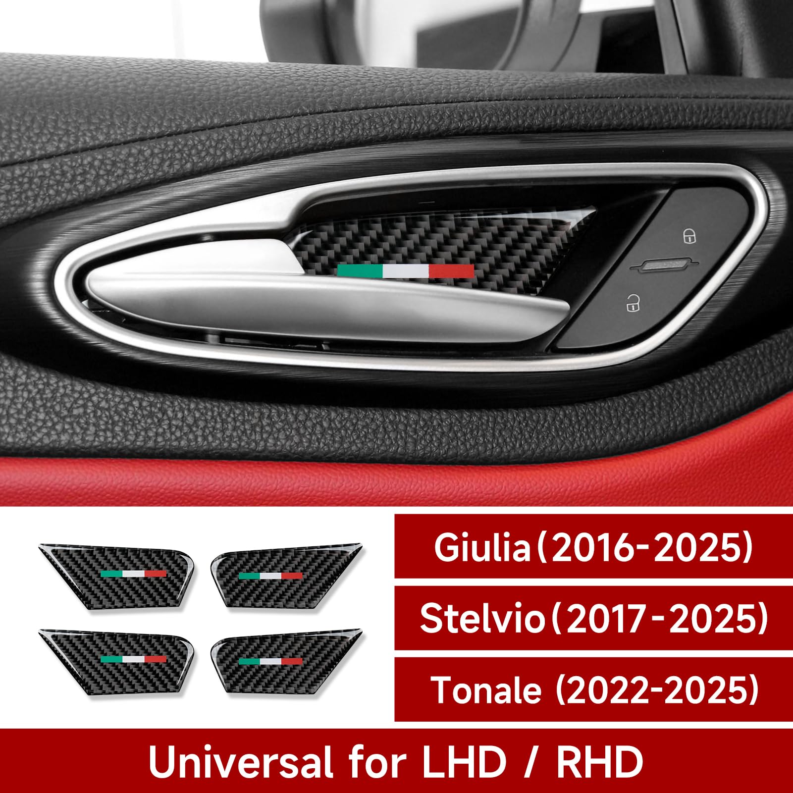 4Pcs Car Inner Door Bowl Cover Trim Carbon Fiber Sticker Decal Fits For Alfa Romeo Giulia Stelvio Tonale 2016 2017 2018 2019 202