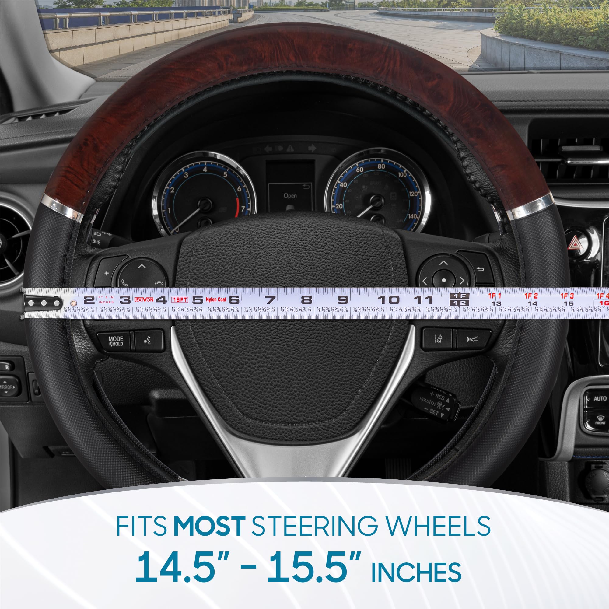 BDK Dark Wood Grain Car Steering Wheel Cover, Standard 15 inch with Black Faux Leather Grip, Made to Fit Most Auto Truck Van SUV