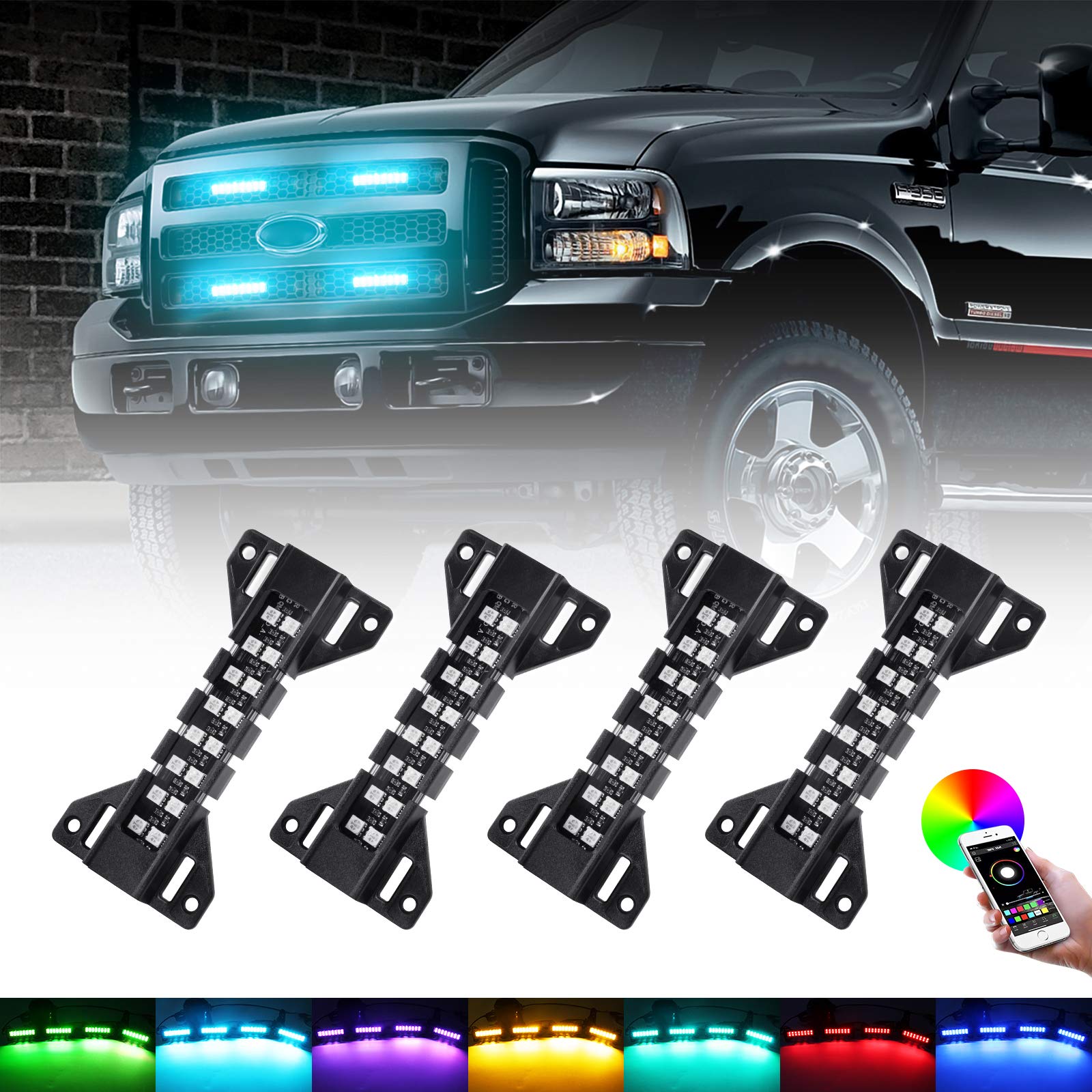 Opp Ulite Led Grille Lights For Trucks - Rgb Color - 4 Pods Front Grill Light - Smartphone App Control/Music/Timing/Flashing Str