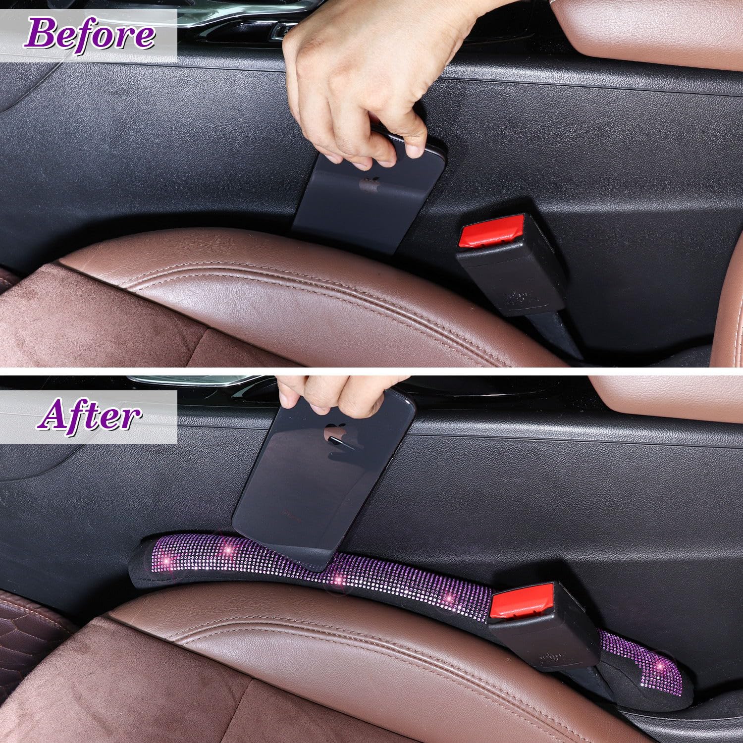 Tobequeen Purple Car Seat Gap Filler, Handmade Crystal Diamond Rhinestone Purple Bling Car Accessories For Women, Universal Fit