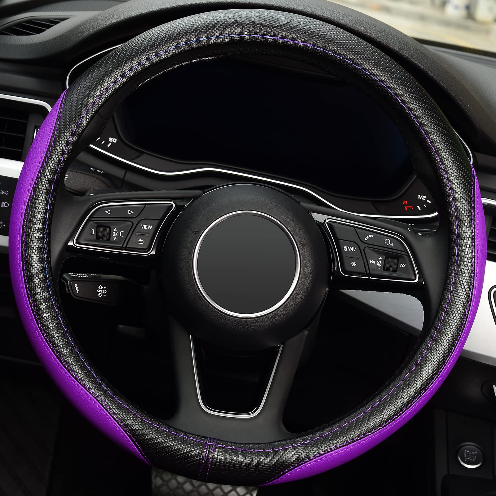 Labbyway Microfiber Leather Auto Car Steering Wheel Cover, Universal Fit 15 Inch Anti-Slip Wheel Protector, Purple