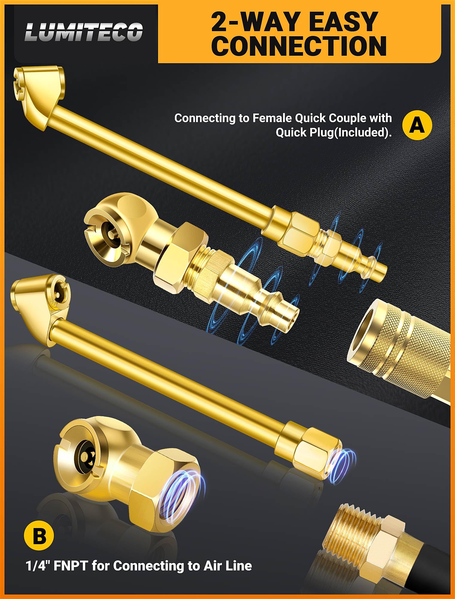 LUMITECO 2 Pack Heavy Duty Air Chuck Set-1/4 Inch Female NPT Closed Ball tire Chuck, Dual Head Air Chuck and Standard Male Quick