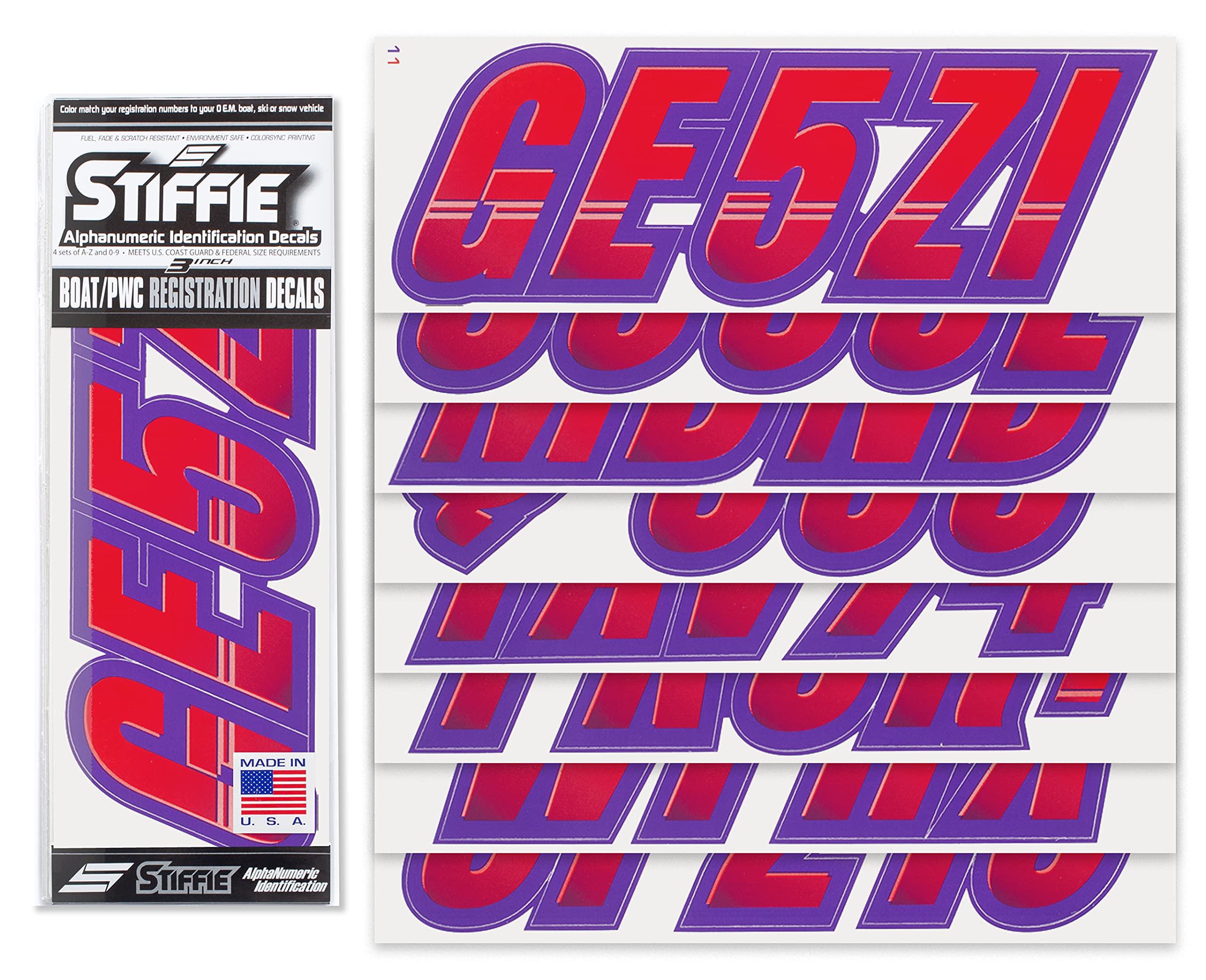 Stiffie Techtron Red/Purple 3 '' Boat & Pwc Registration Decals  Numbers Letters Stickers