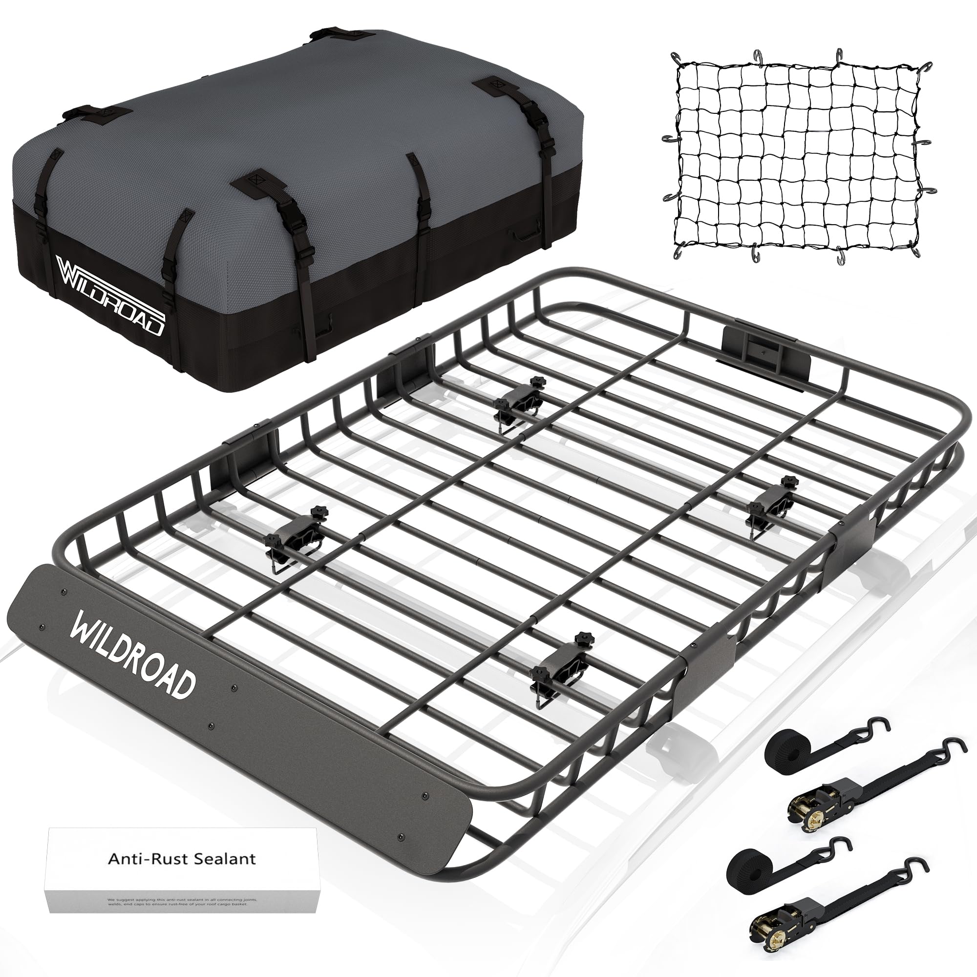 Wildroad Car Roof Cargo Basket Combo Of Upgraded 64''X 39''X 4'' Roof Rack Cargo Basket With 21 Cubic Ft Waterproof Cargo Bag, C