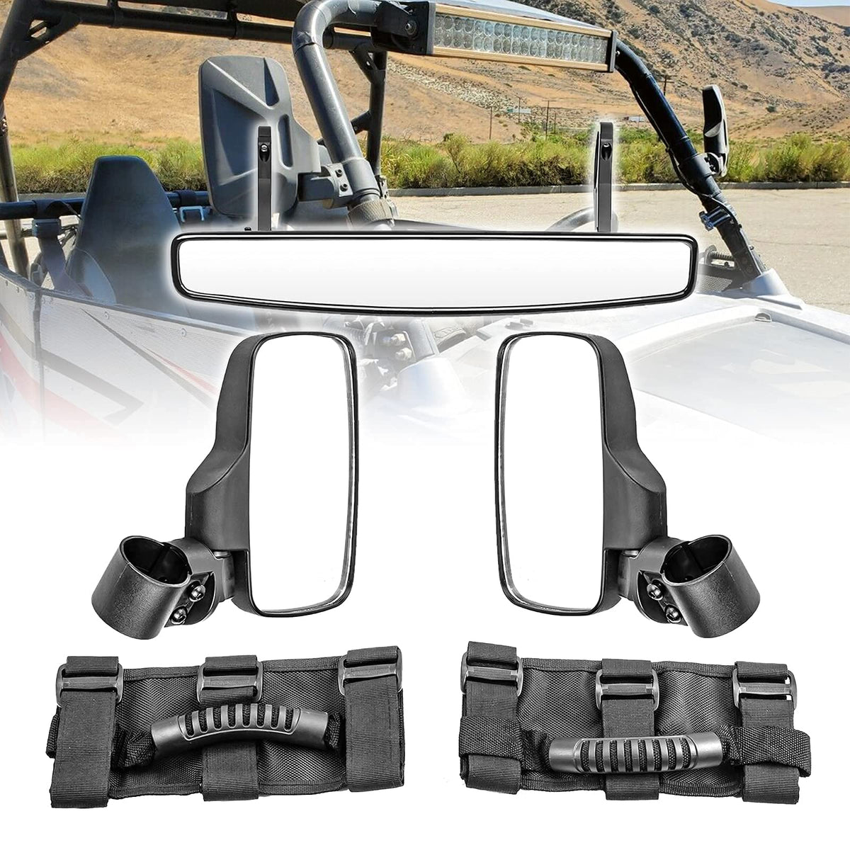 Wsays 15' Wide Center View Mirror For 2' Roll Bar & Utv Right Left Side Mirrors With 1.5'-2' Adjustable Clamp & Grab Handle Set Compatible With Can-Am Polaris Utv Fit Honda Talon Fit Kawasaki Kubota