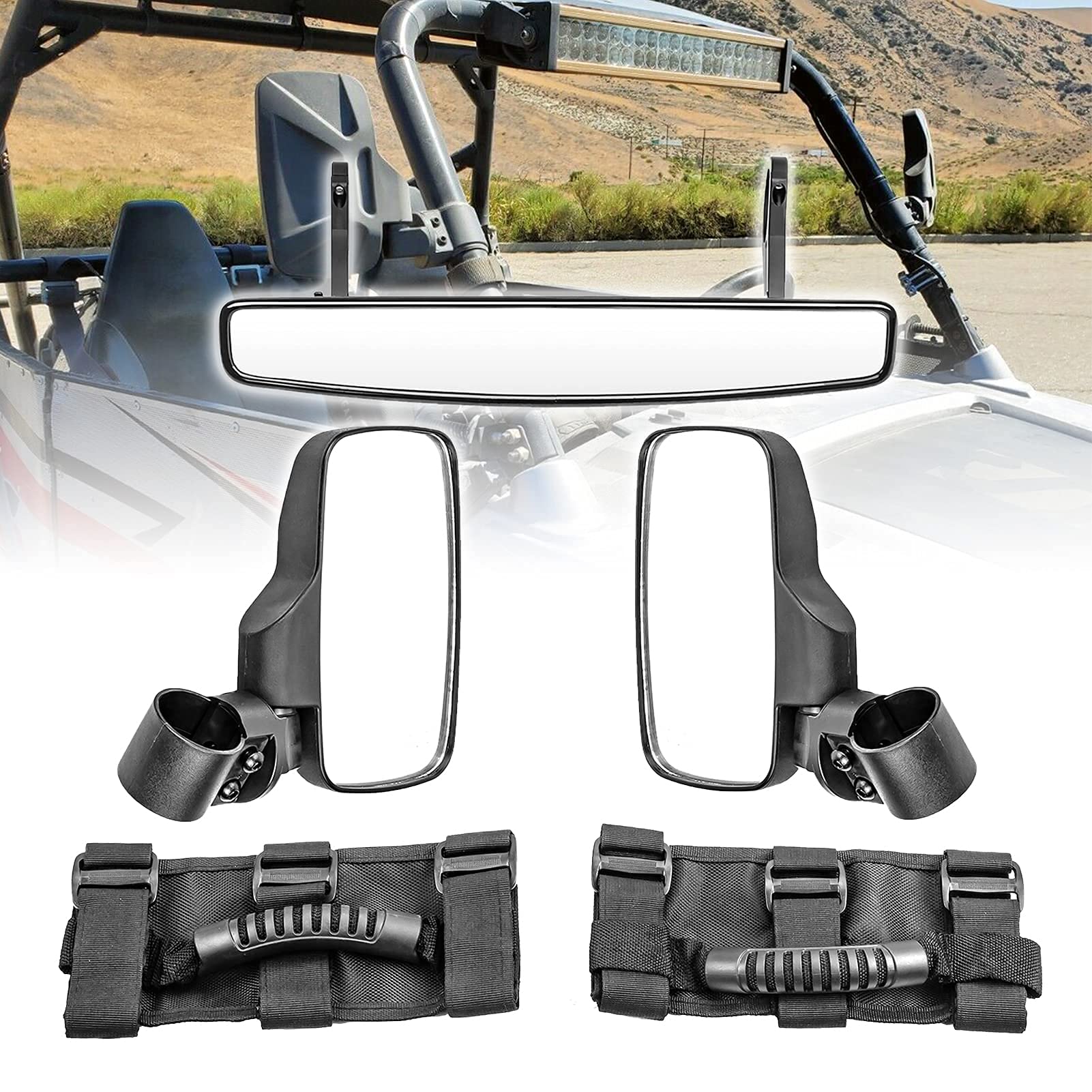 WSays 15'' Wide Center View Mirror for 2'' roll Bar & UTV Right & Left Side View Mirrors with 1.5''-2'' Adjustable Clamp & Grab 