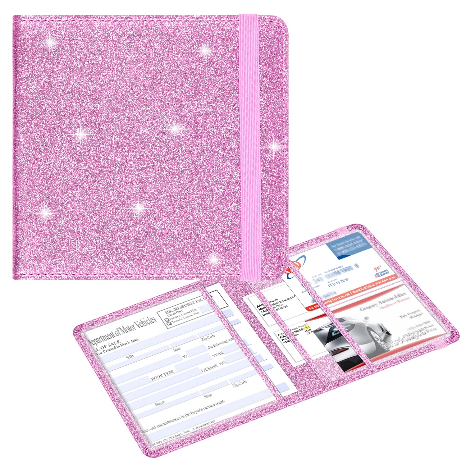 Wisdompro Car Registration And Insurance Holder Glitter Pu Leather Glove Box Organizer Wallet For Document, Id, Driver 'S Licens