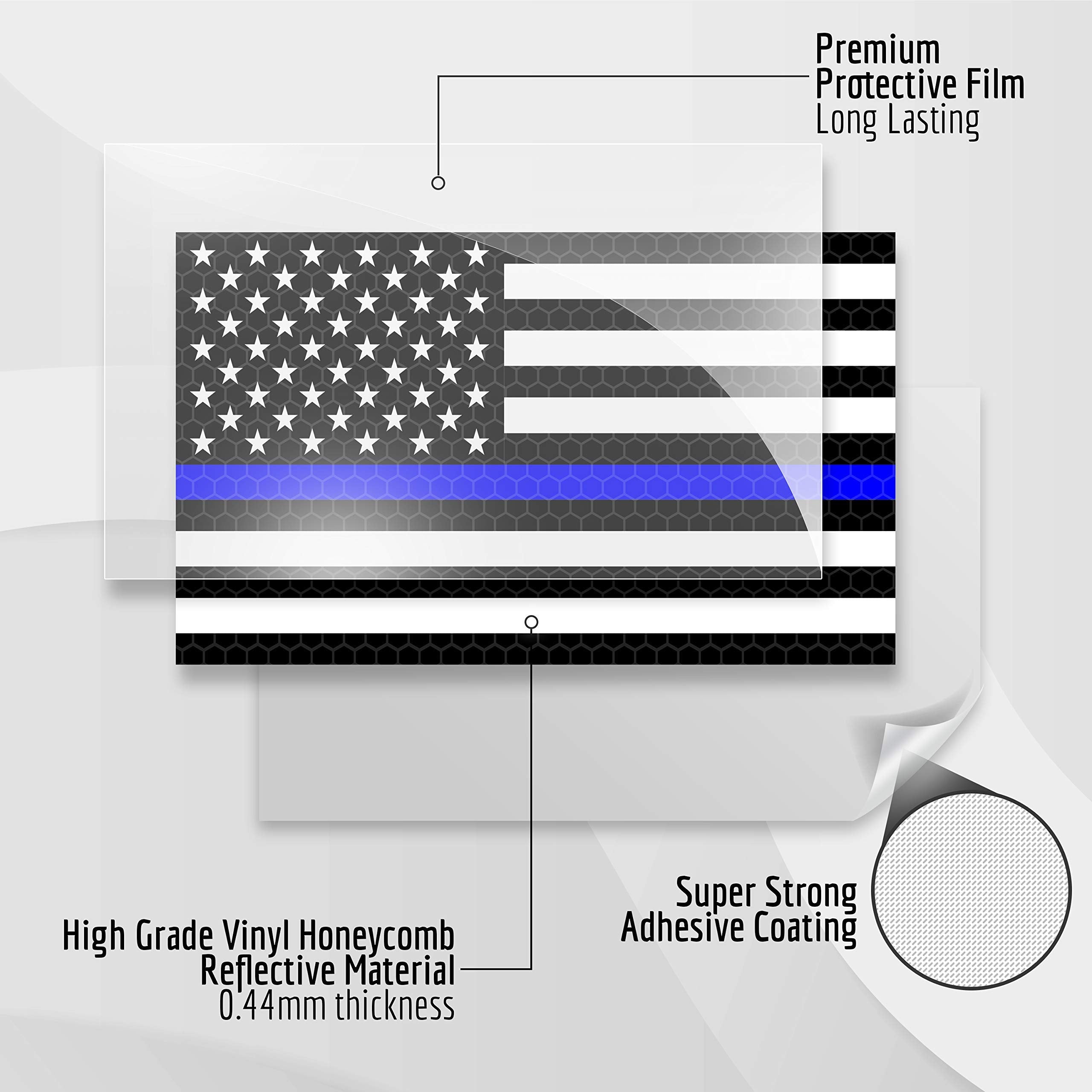 3PC Reflective Thin Blue Line Decal - 5x3 Inches - American Flag Thin Blue Line Sticker - Police Stickers - Blue Lives Matter St