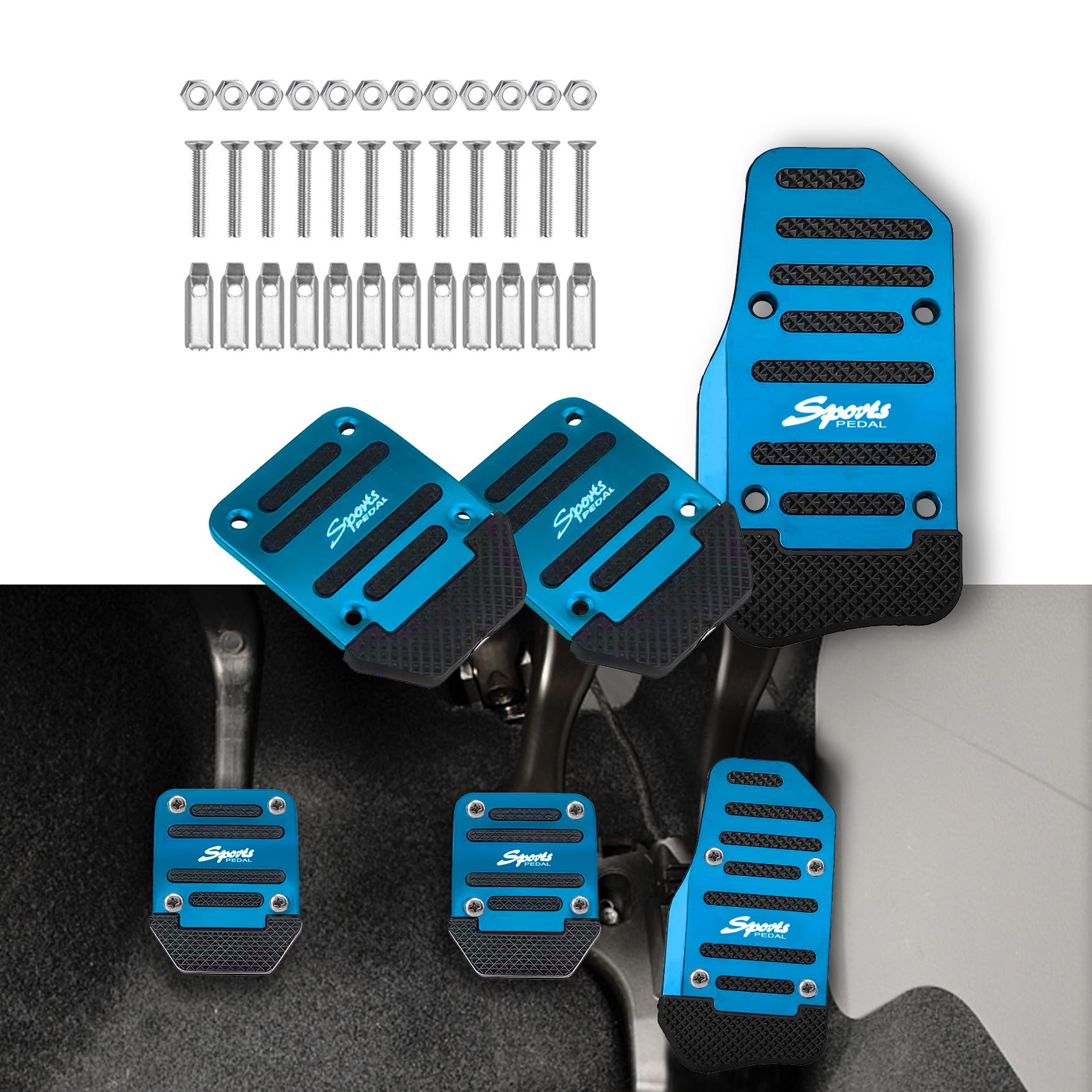 3PCS Car Non-Slip Aluminum Alloy Pedal Pads, Manual Transmission Brake Pedal Covers, Sports Gas Fuel Petrol Clutch Foot Pedals, 