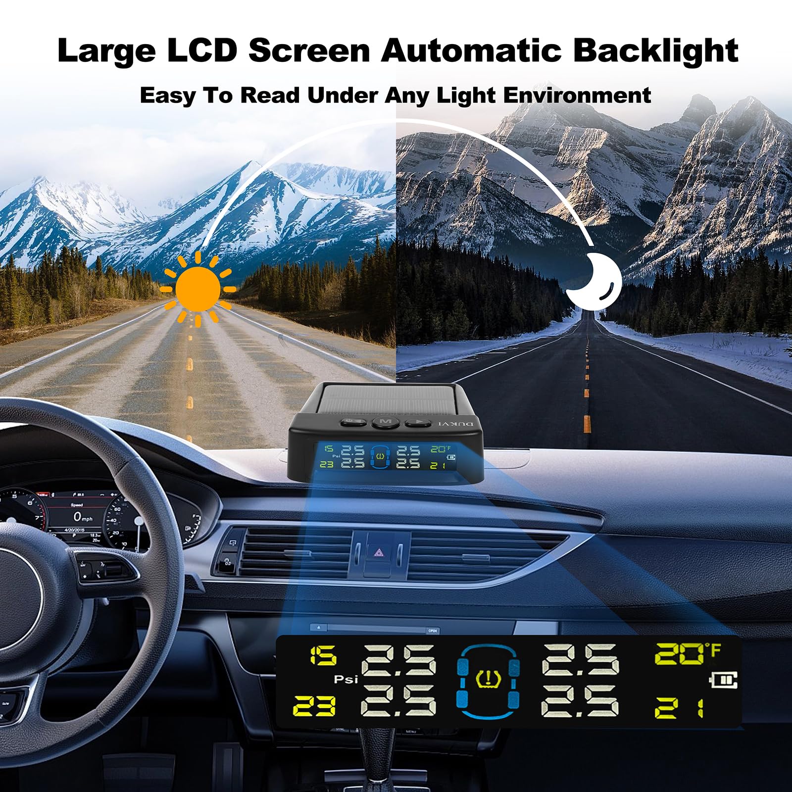 RV Tire Pressure Monitoring System with Solar and USB Charger, Trailer TPMS with 4 Sensors & 6 Alarm Modes, LCD Display Screen,
