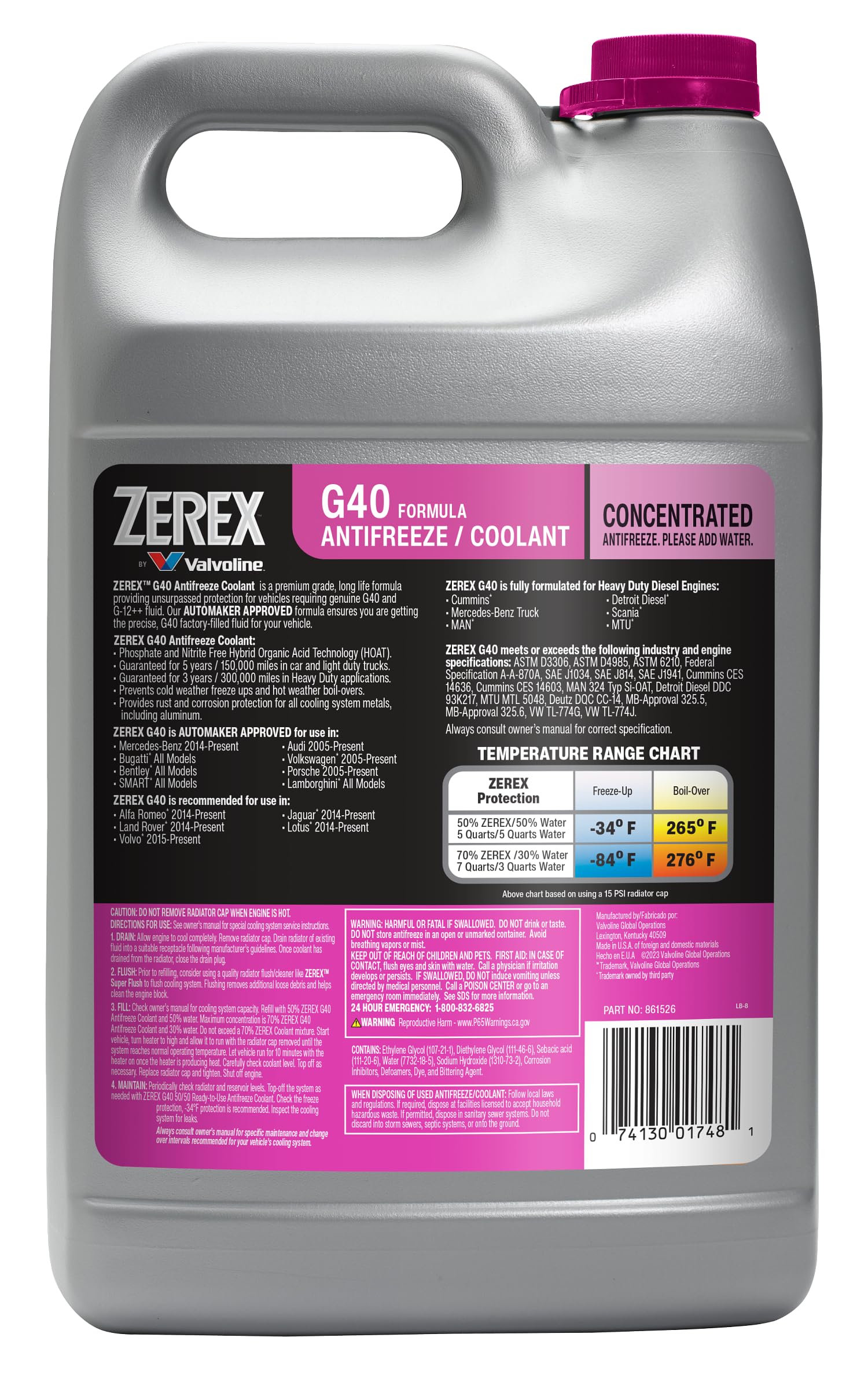 Valvoline Zerex G40 Phosphate and Nitrite Free Concentrate Antifreeze/Coolant 1 GA