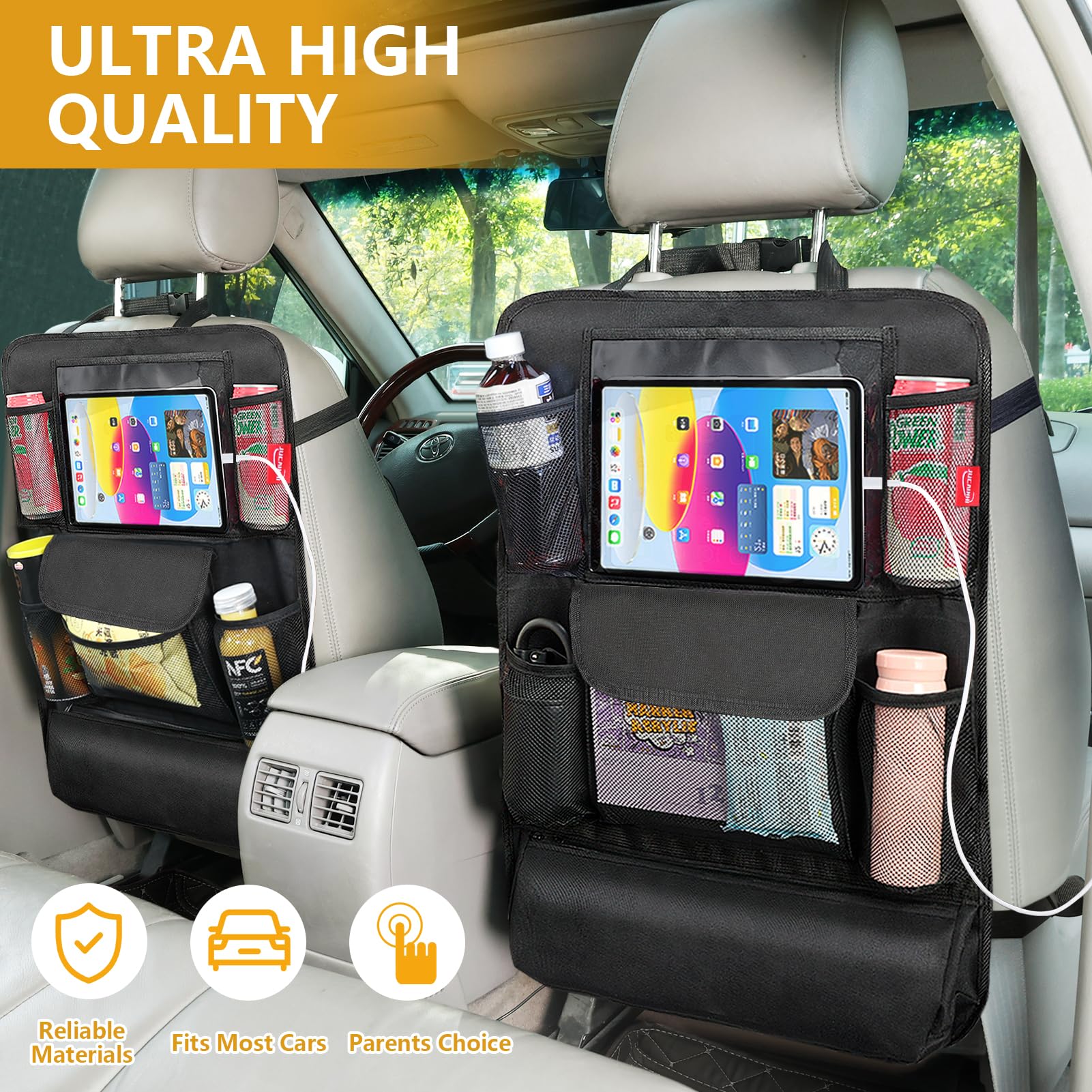JUCAINHI Car Seat Organizer with 13 in Tablet Holder, Waterproof Back Seat Protector, Kick Mats with 9 Storage Pockets, Interior