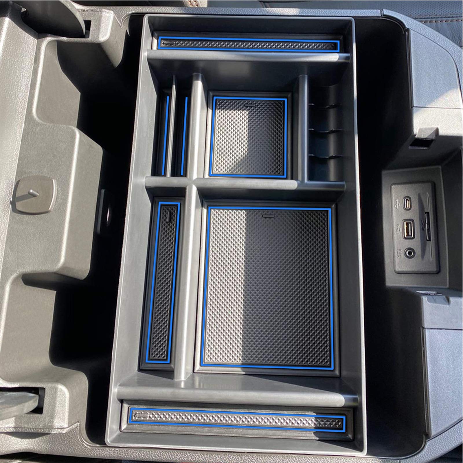 Jkcover Center Console Organizer Tray Compatible With (2019-2022) Chevy Silverado 1500/Gmc Sierra 1500 And 2020-2023 Silverado/Sierra 2500/3500 Hd - Full Console W/Bucket Seats Only (Blue Trim)