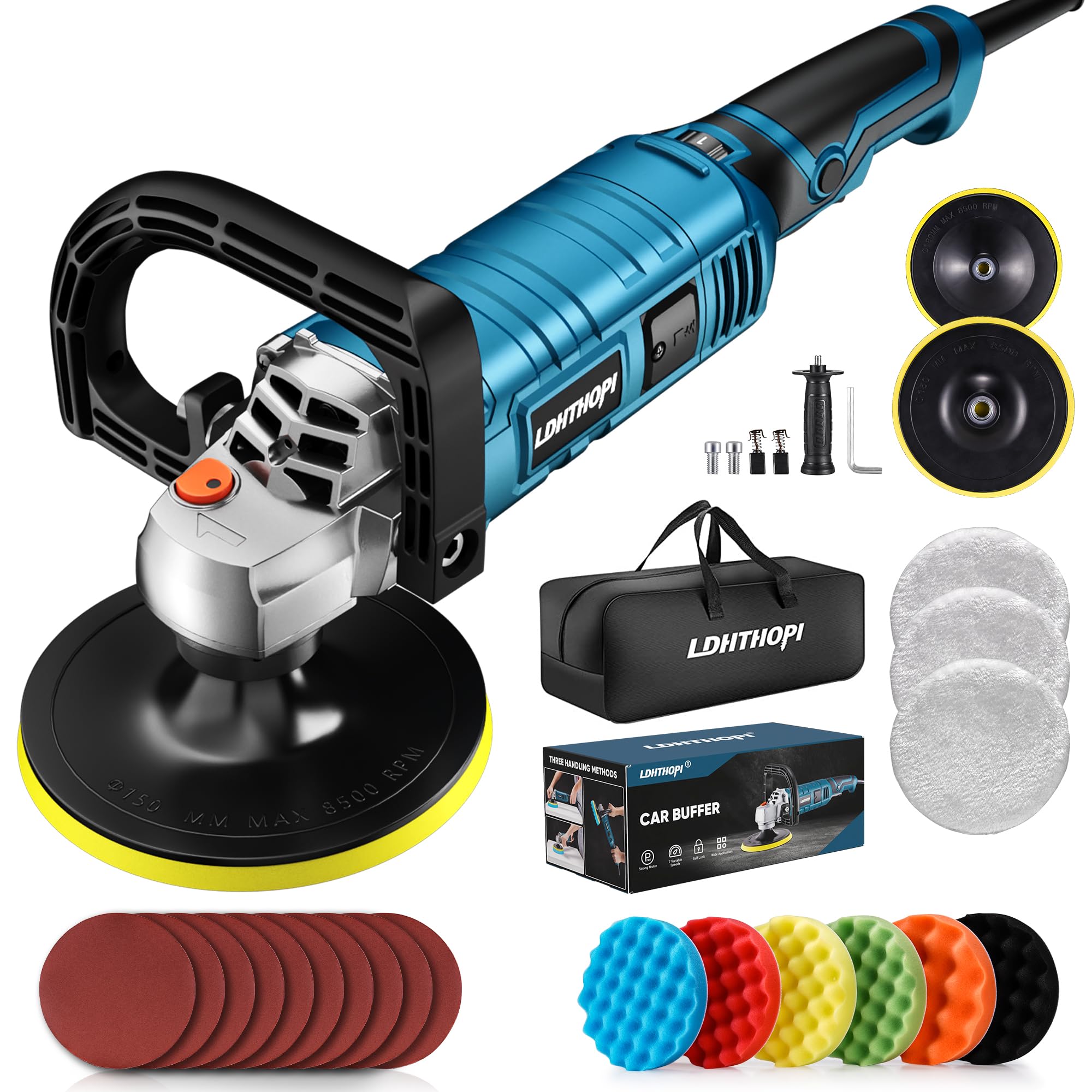 LDHTHOPI Buffer Polisher, 1600W 7 Inch/6 Inch Rotary Buffer Polisher Waxer, 7 Variable Speed 1000-3500 RPM, Detachable Handle fo