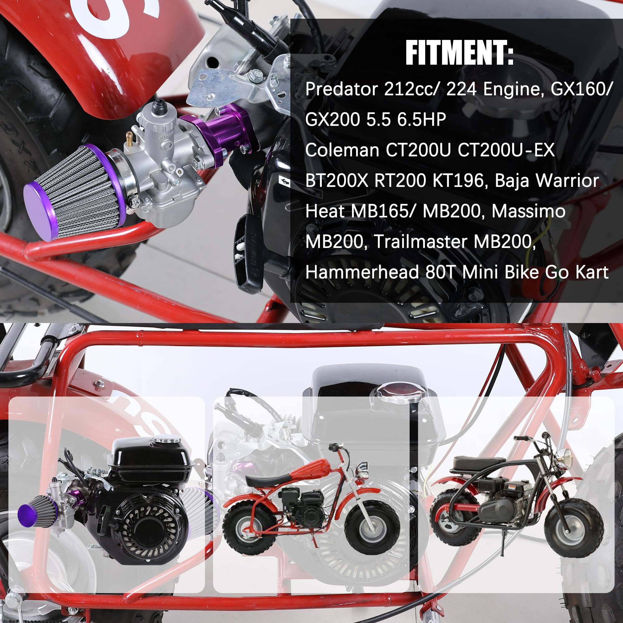 YOXUFA 212cc Racing Carburetor Exhaust Header Muffler Stage 2 Kit for Predator 224cc 196cc Mini Bikes & Go Karts - Purple Performance Parts