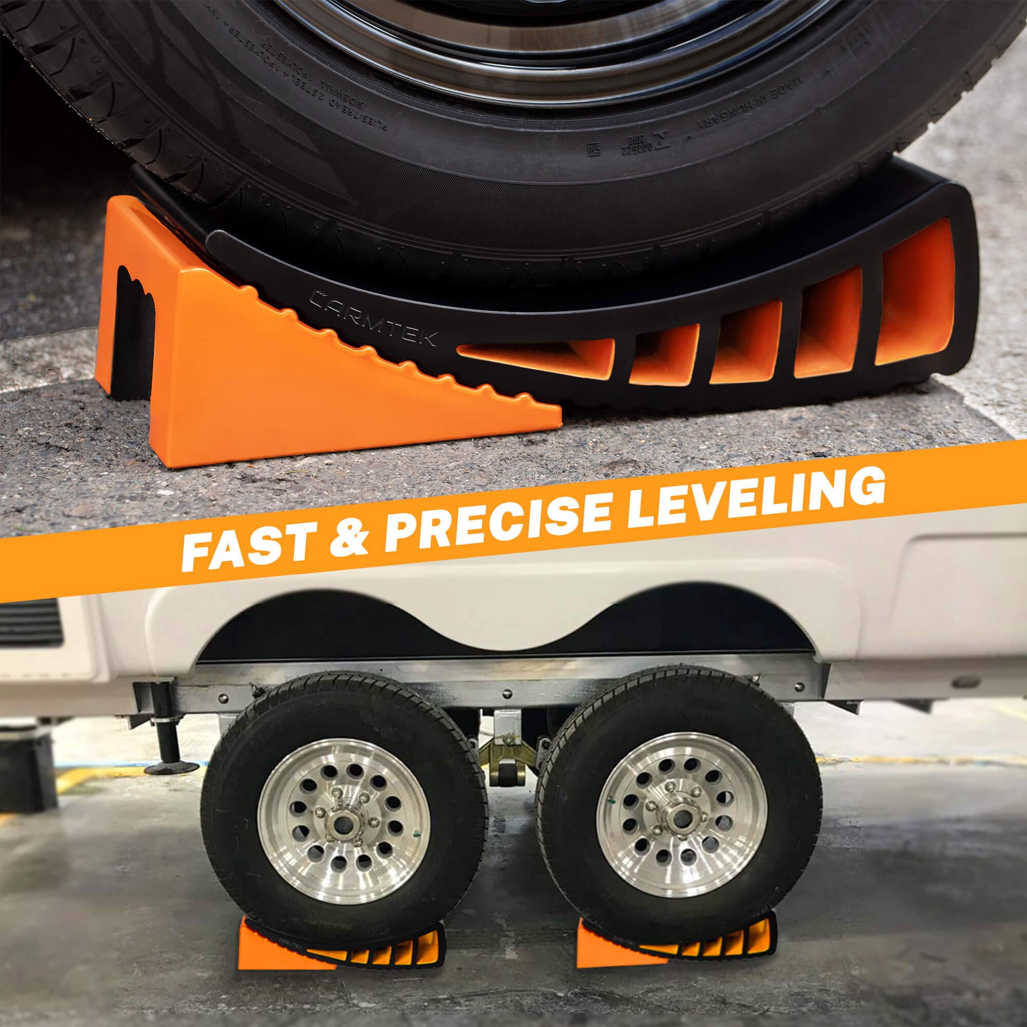 CARMTEK RV Leveler 2-Pack with Wheel Chocks | Curved Design for Dual Axle Trailers | Faster Leveling System | Essential RV Accessories