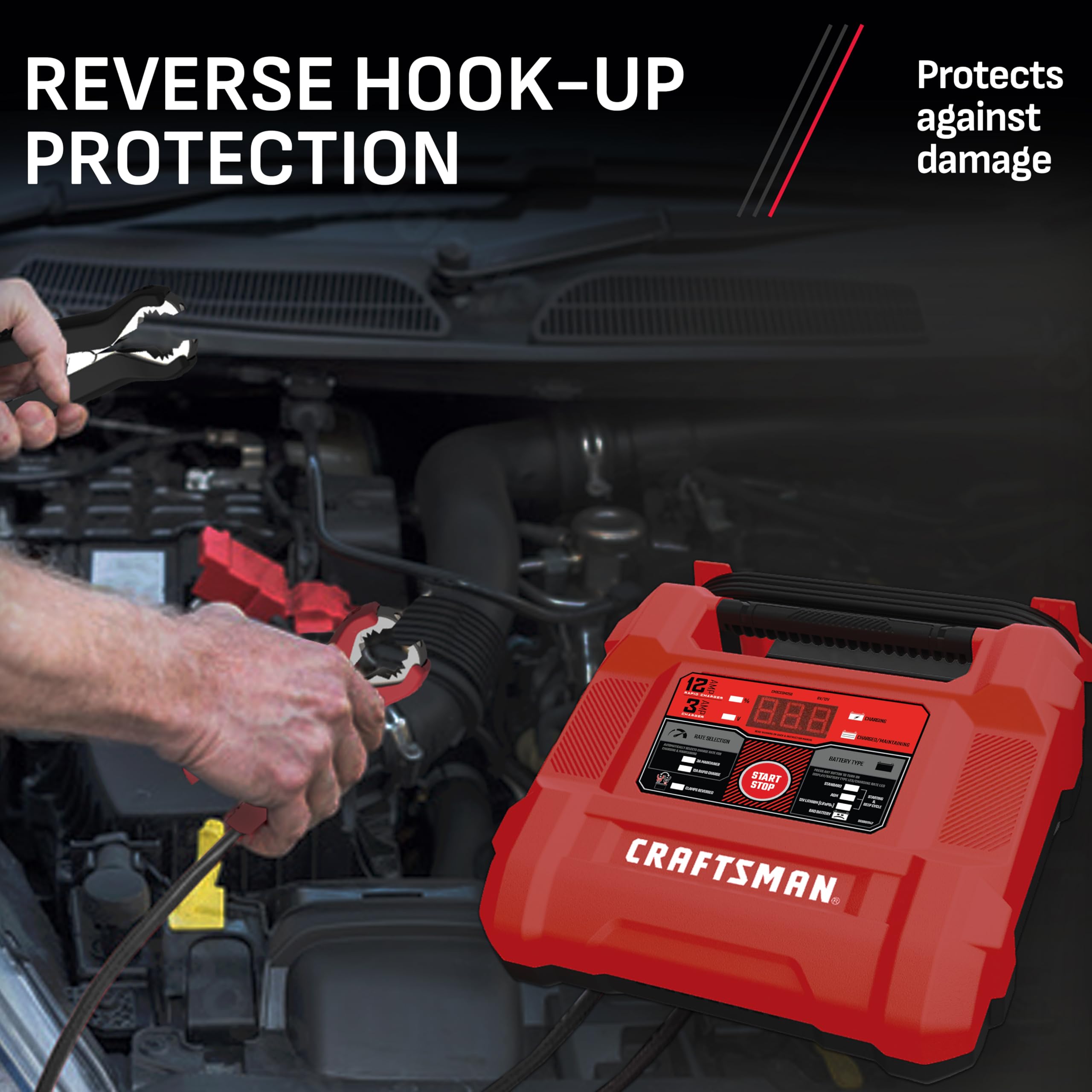 CRAFTSMAN Battery Charger and Maintainer, CMXCESM258, 4-in-1, Fully Automatic, Battery Tester, 12 Amps, 6 Volt, 12 Volt, for Car