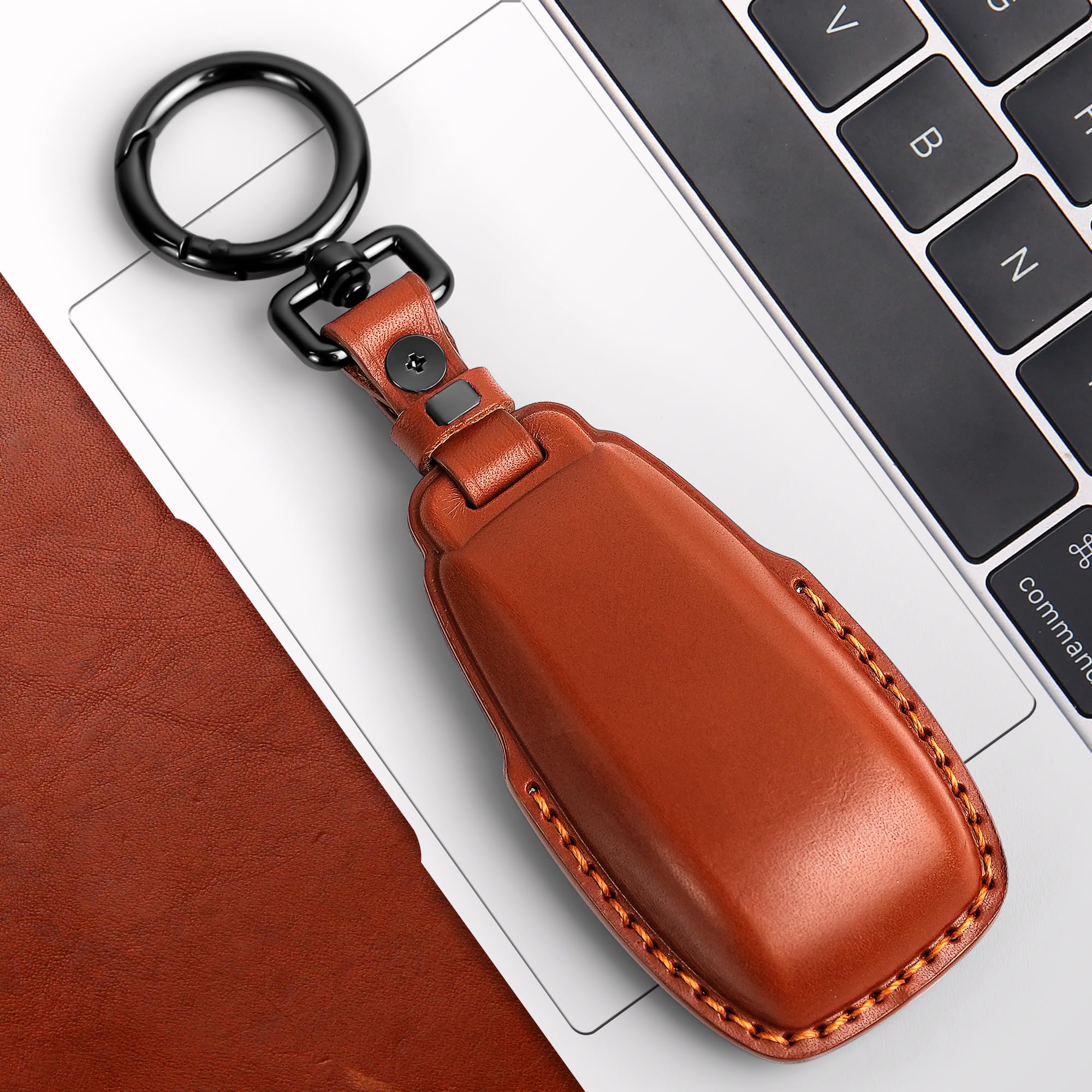 Tukellen For Mercedes Benz Key Fob Cover Genuine Leather With Keychain,Leather Protector Key Case Compatible 2017-2023 E-Class 2