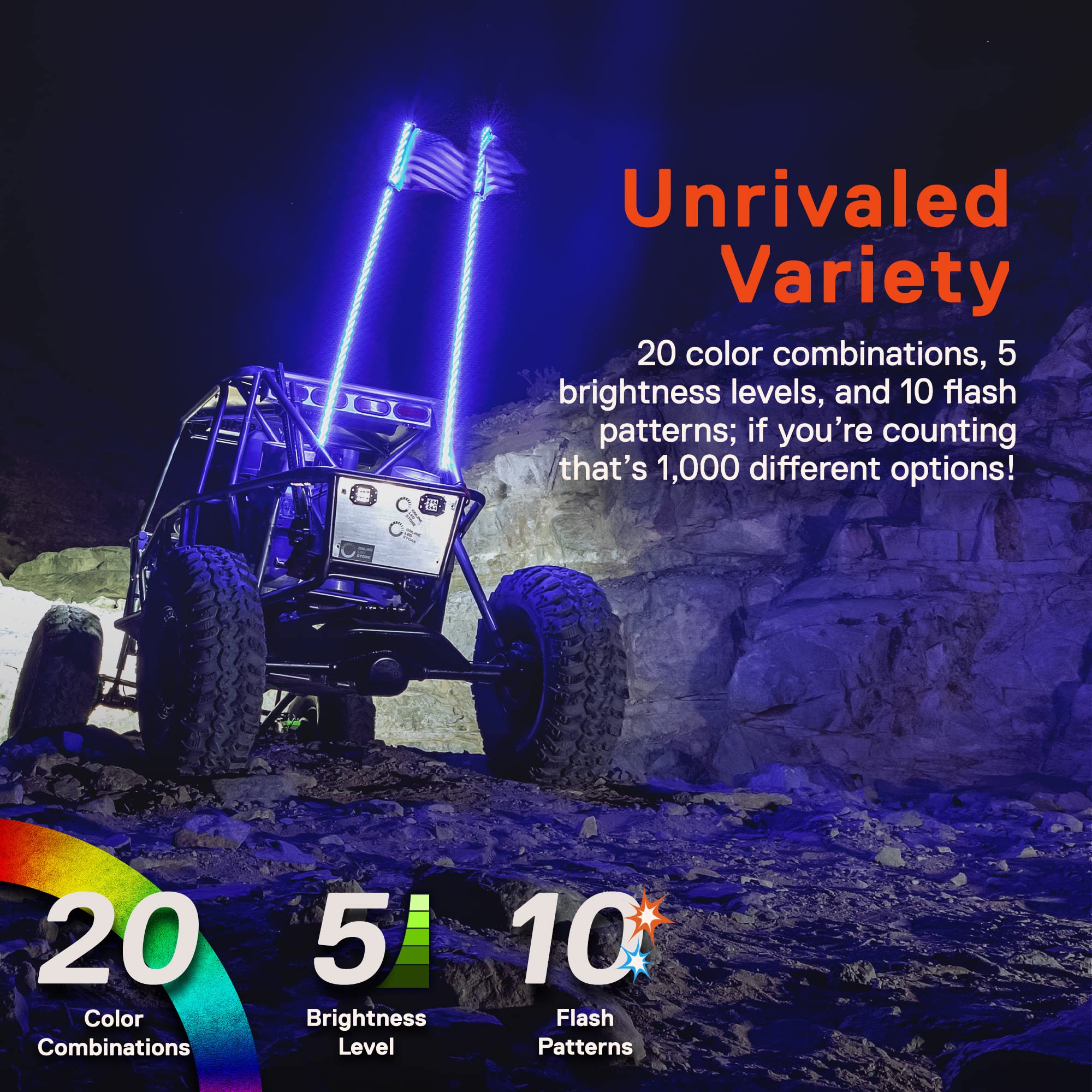 True Mods 2Ft Spiral Rgb Led Whip Light For Utv Atv [Rf Wireless Remote] Usa Flag Waterproof Led Lighted Whip Cb Antenna Pole St