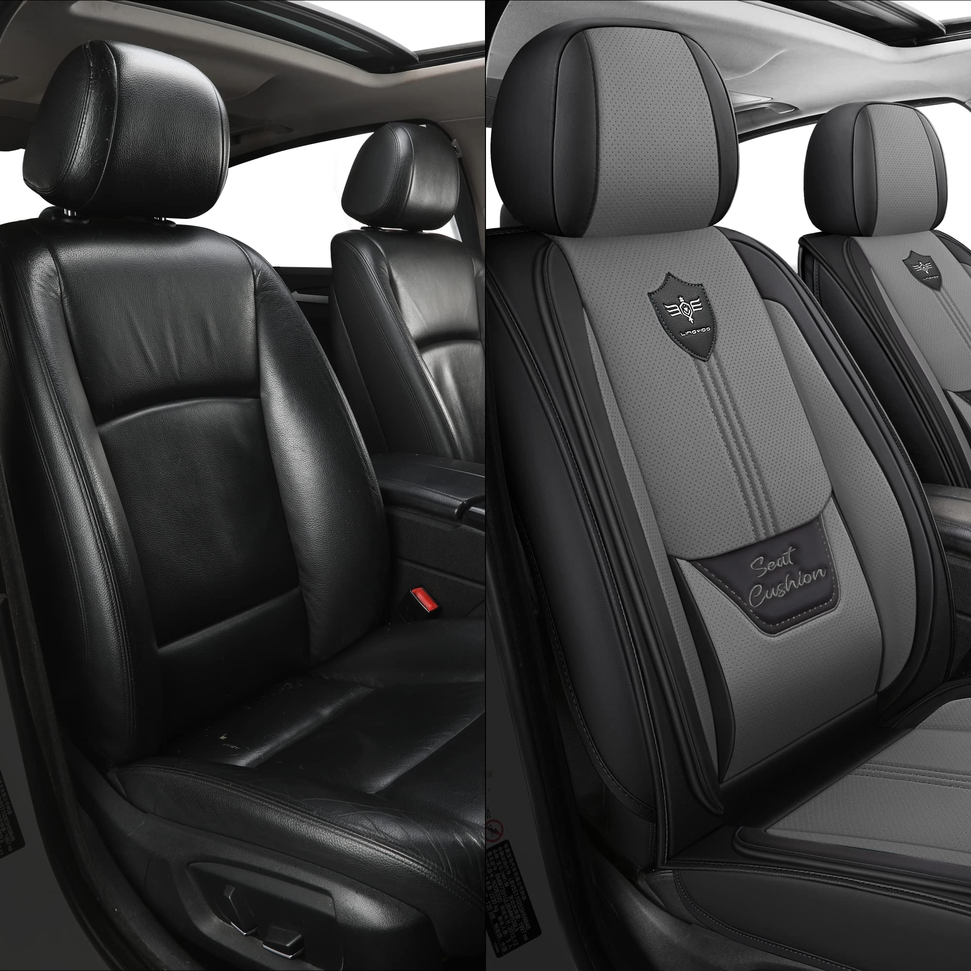 LINGVIDO Leather Car Seat Covers, Breathable Automotive Cover Cushion Accessories for Cars & SUV Truck Universal Fit Set (Grey F