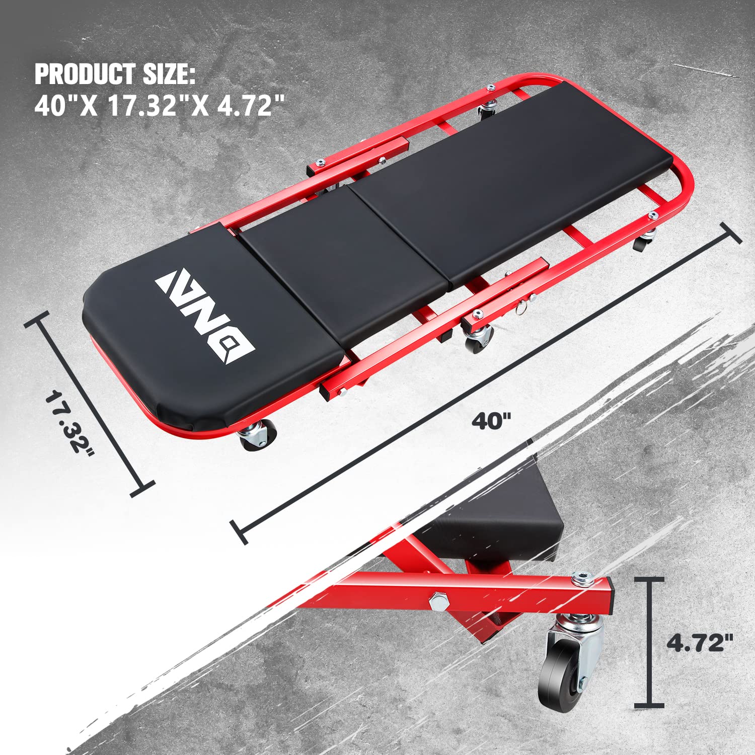 Dna Motoring Tools-00186 40 Inches 2 In 1 Rolling Folding Car Creeper/Seat, 6 Pcs 2'' Casters, 150Kg Weight Capacity, Red