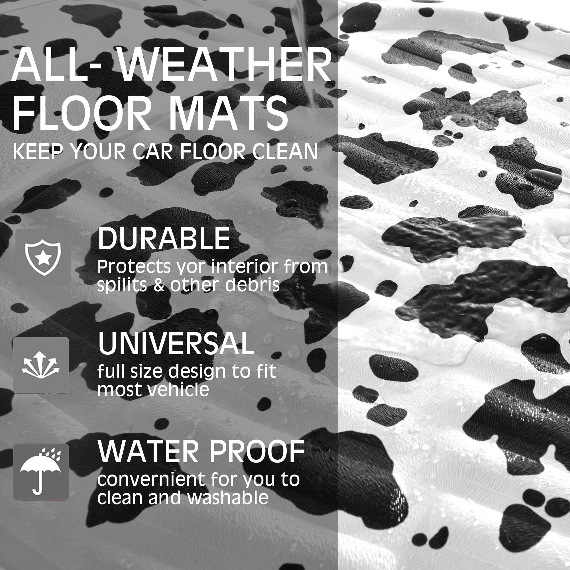 Cass Pass Leather Cow Print Car Floor Mats, 3D Waterproof All Weather, Universal Trim To Fit & Anti-Slip Burr Bottom, Safety & L