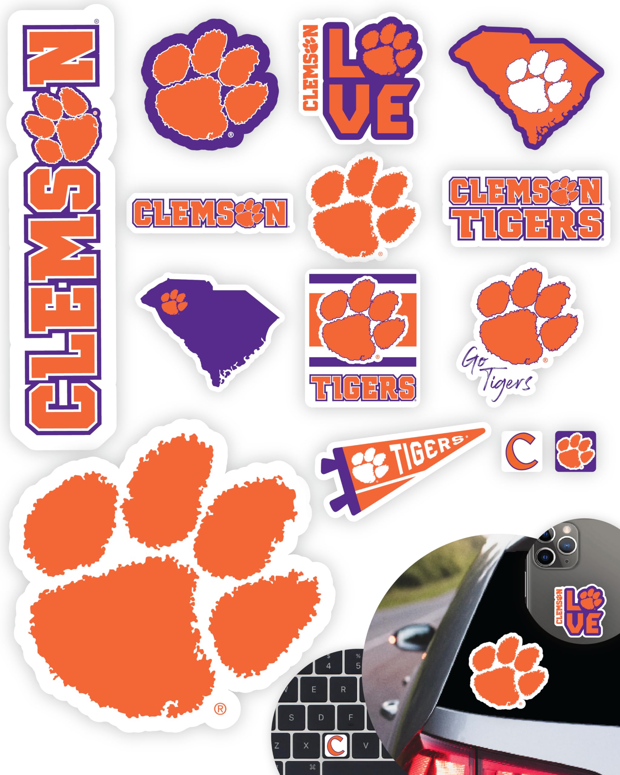 Clemson Stickers (14 Stickers) 2 Large 5'' For Car Windows 10 Medium 2.5'' For Water Bottles Laptops Phones And 2 Mini Keyboard 