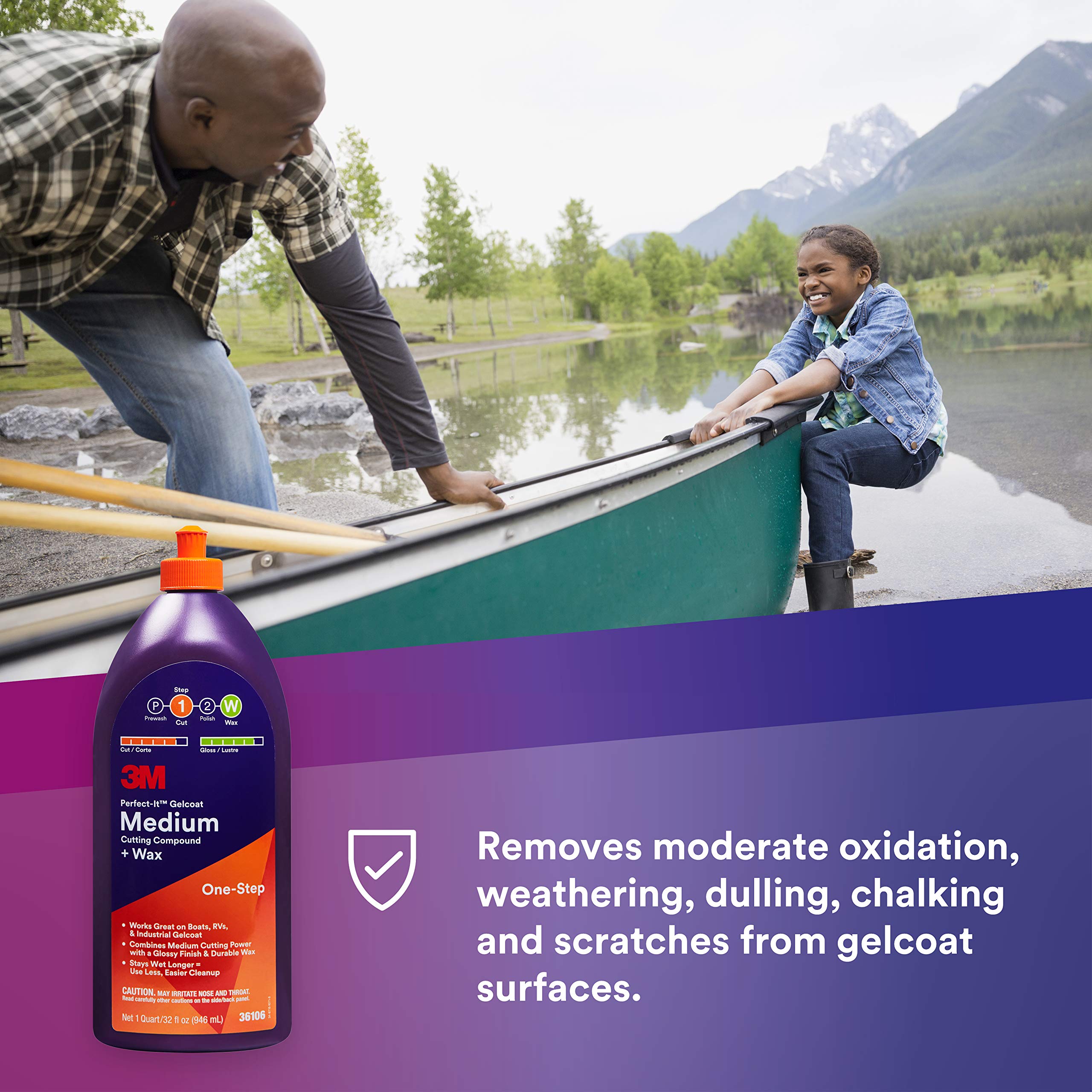 3M Perfect-It Gelcoat Medium Cutting Compound + Wax, 36106, 1 Quart, One-Step Process, P1500 And Finer Scratches, Fiberglass Oxidation Remover For Boats And Rvs