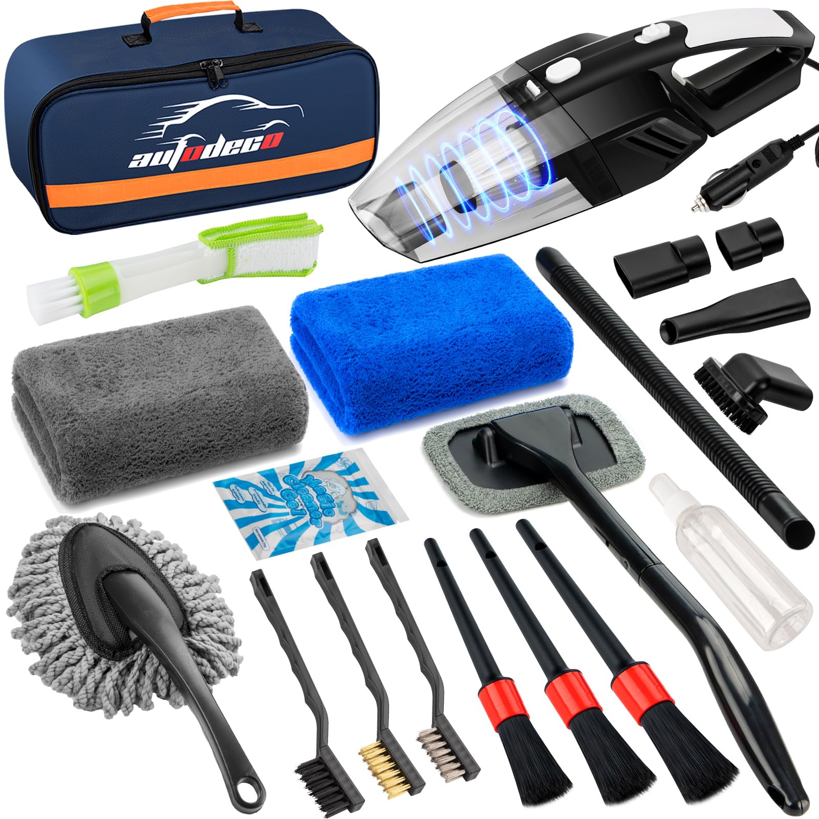 Autodeco 20Pcs Car Cleaning Wash Kit Interior Detailing Cleaner Kit With High Power Handheld Vacuum, Brush Set, Windshield Tool,