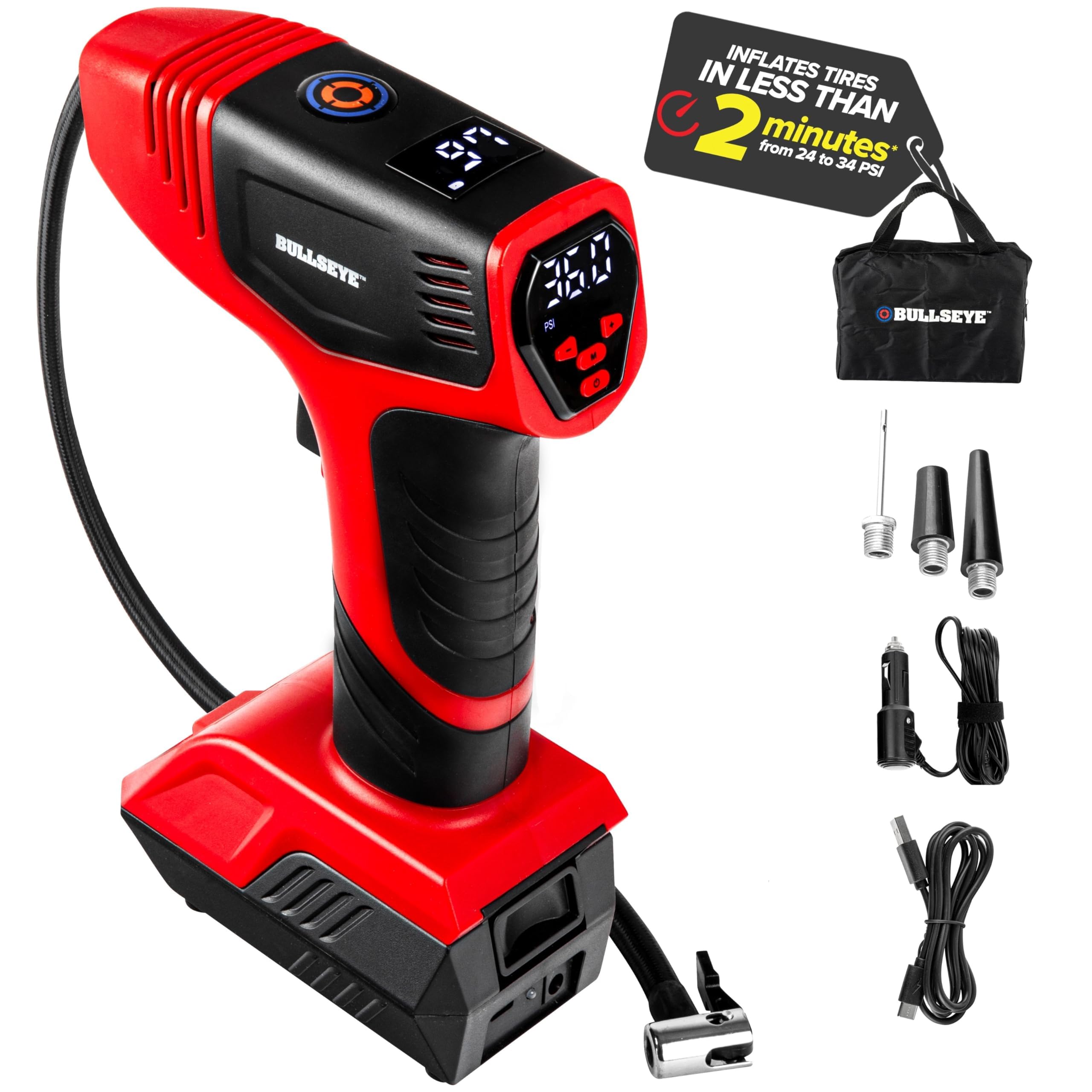 Bullseye Pro Tire Inflator With Pressure Gauge, Compact And Portable, Automatic Shut Off, 150 Psi Max, Usb Home Rechargeable And