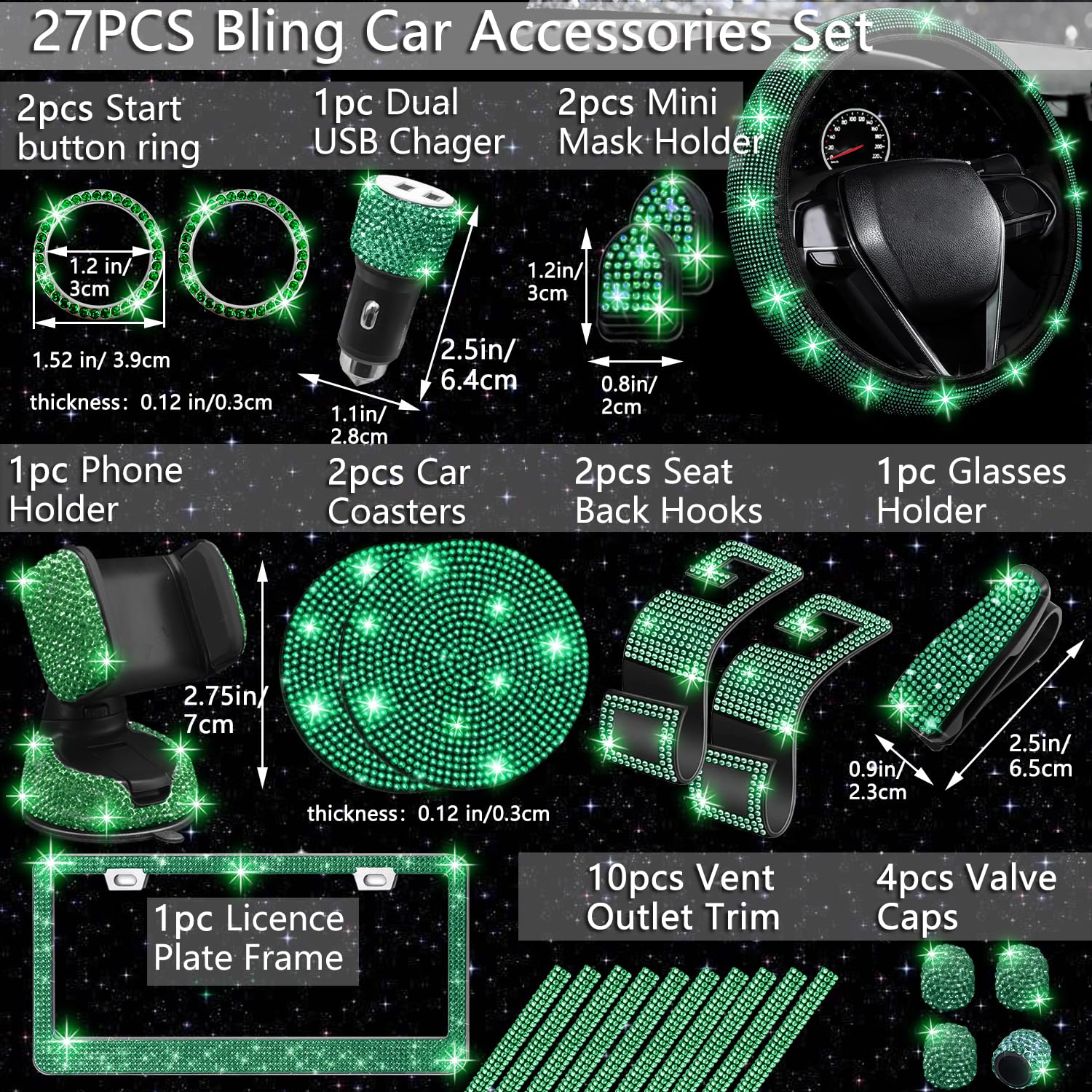 NBTEPEM 27 PCs Green Bling Car Accessories Set for Women, Bling Steering Wheel Covers Universal Fit 15 Inch, Bling License Plate