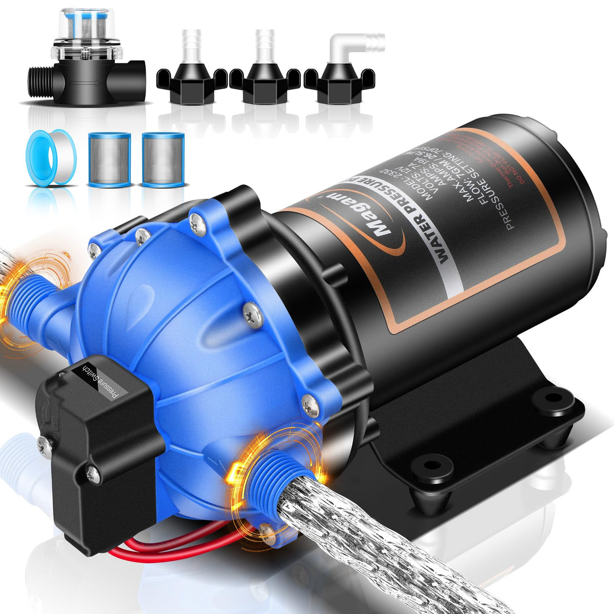 Upgraded 12 Volt Water Pump, 7GPM 70PSI, Five Chamber Self-Priming Diaphragm 12V DC RV Fresh Pump with Heavy Duty Pressure Switc