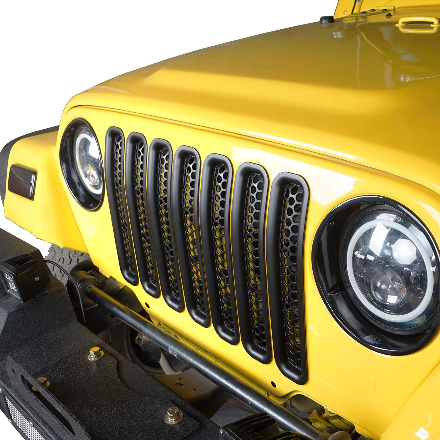 Hooke Road Black Front Grill Mesh Inserts Clip-In Honeycomb Grille Guards For 1997-2006 Jeep Wrangler Tj & Unlimited (Pack Of 7)