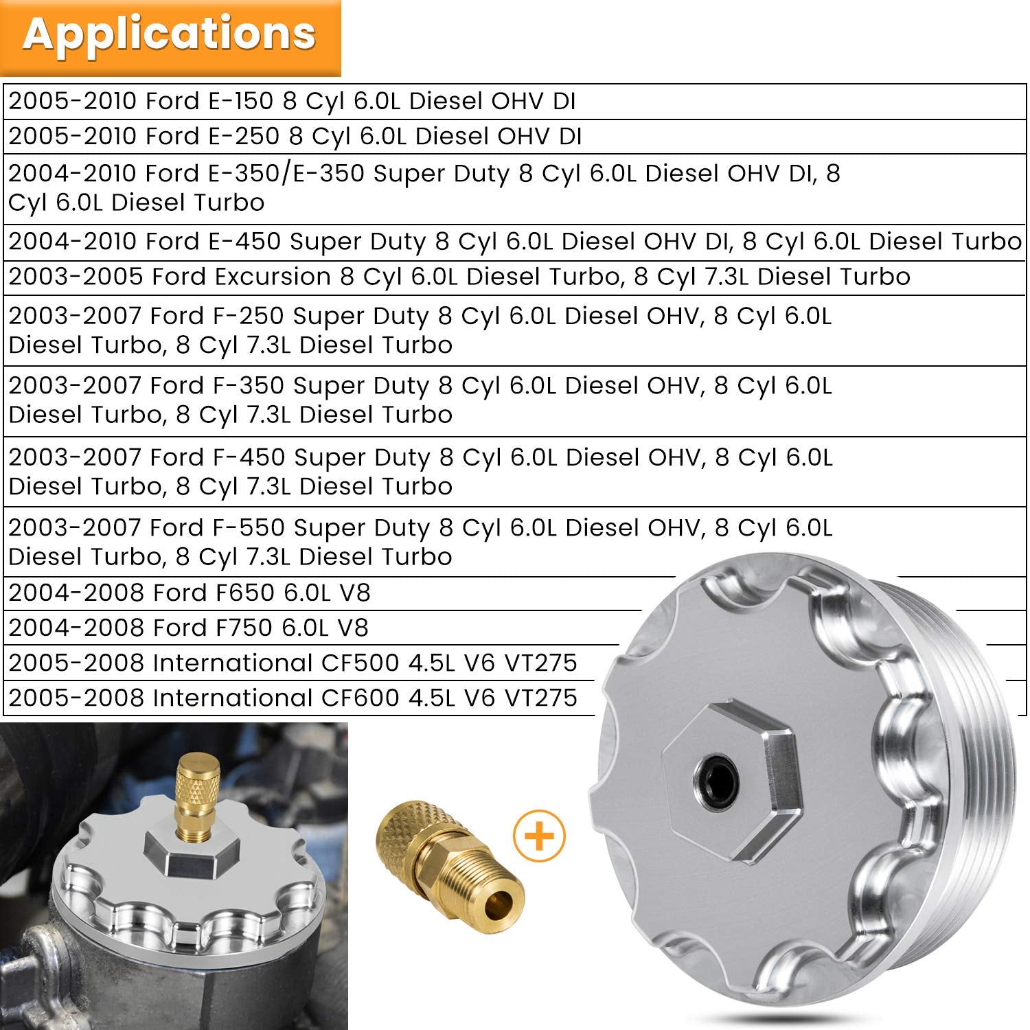 E-cowlboy Fuel Filter Cap for Ford Powerstroke 6.0L Diesel 2003-2007, Aluminum Silver, Model EC - Fuel-filter-cap-silver