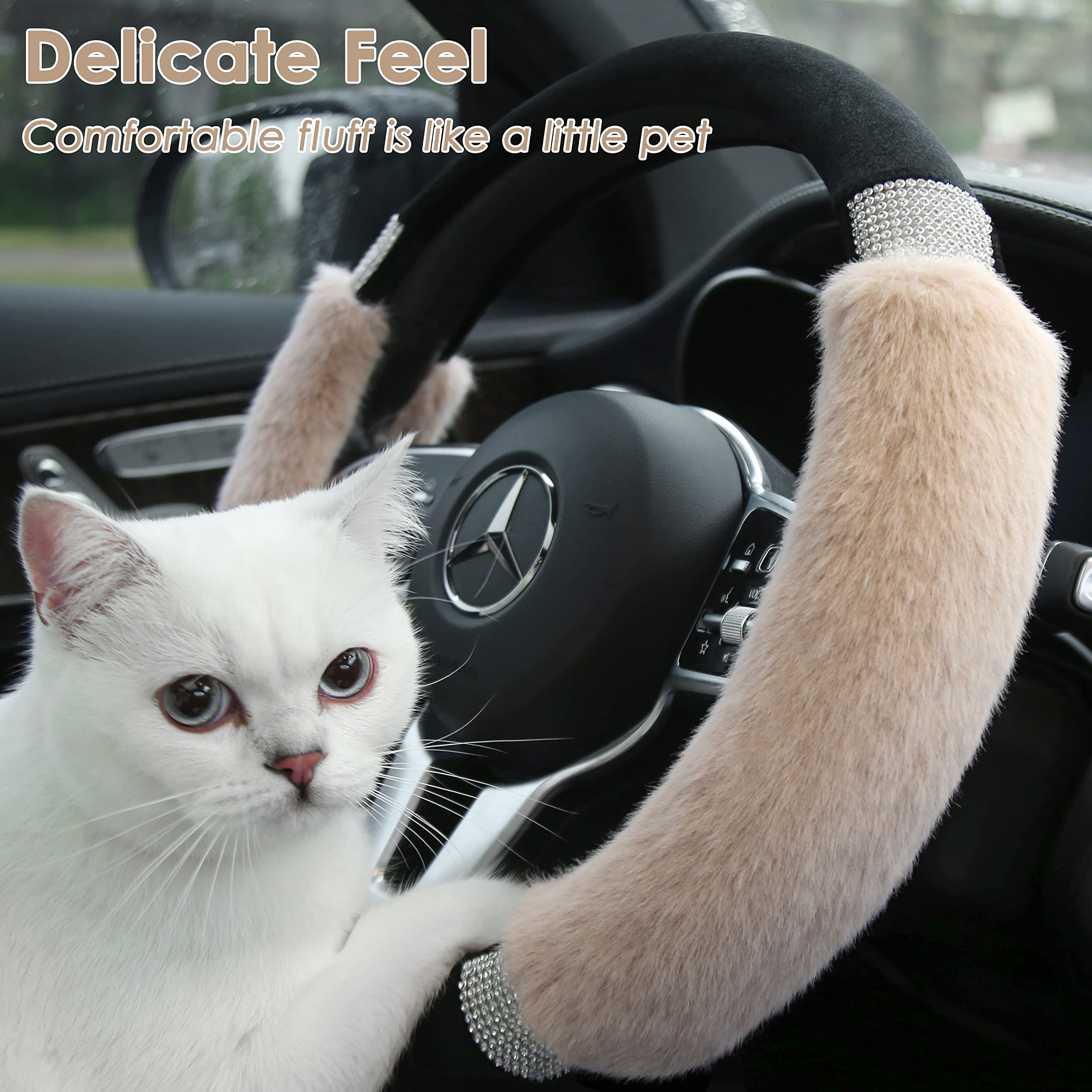 Achiou Rhinestone Fluffy Steering Wheel Cover - Comfortable Non-Slip Luxury Faux Wool, Universal Fit For 14.5 '' To 15 '' Steeri