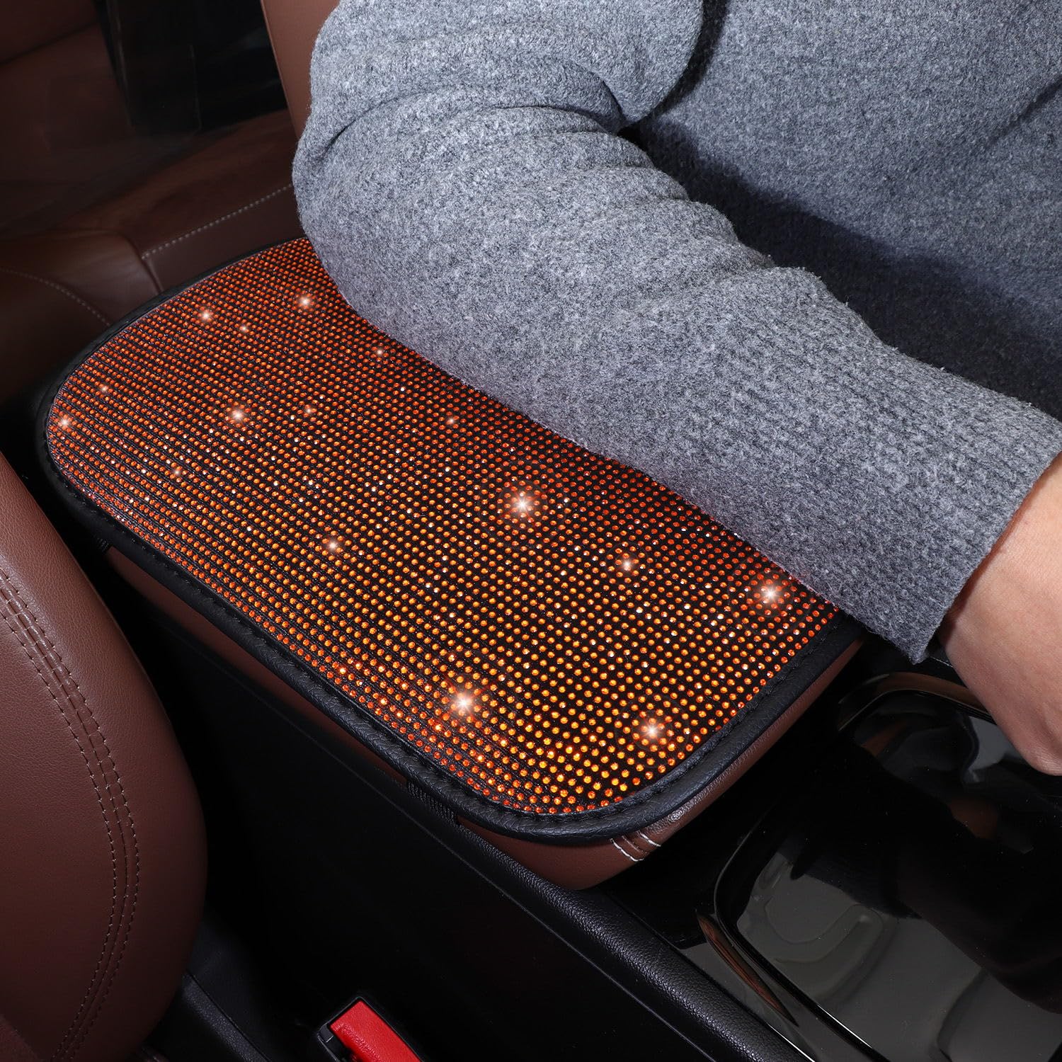 Tobequeen Orange Arm Rest Cover For Car, Rhinestone Crystal Diamond Bling Center Console Cover, Universal Fit All Vehicles, Inte