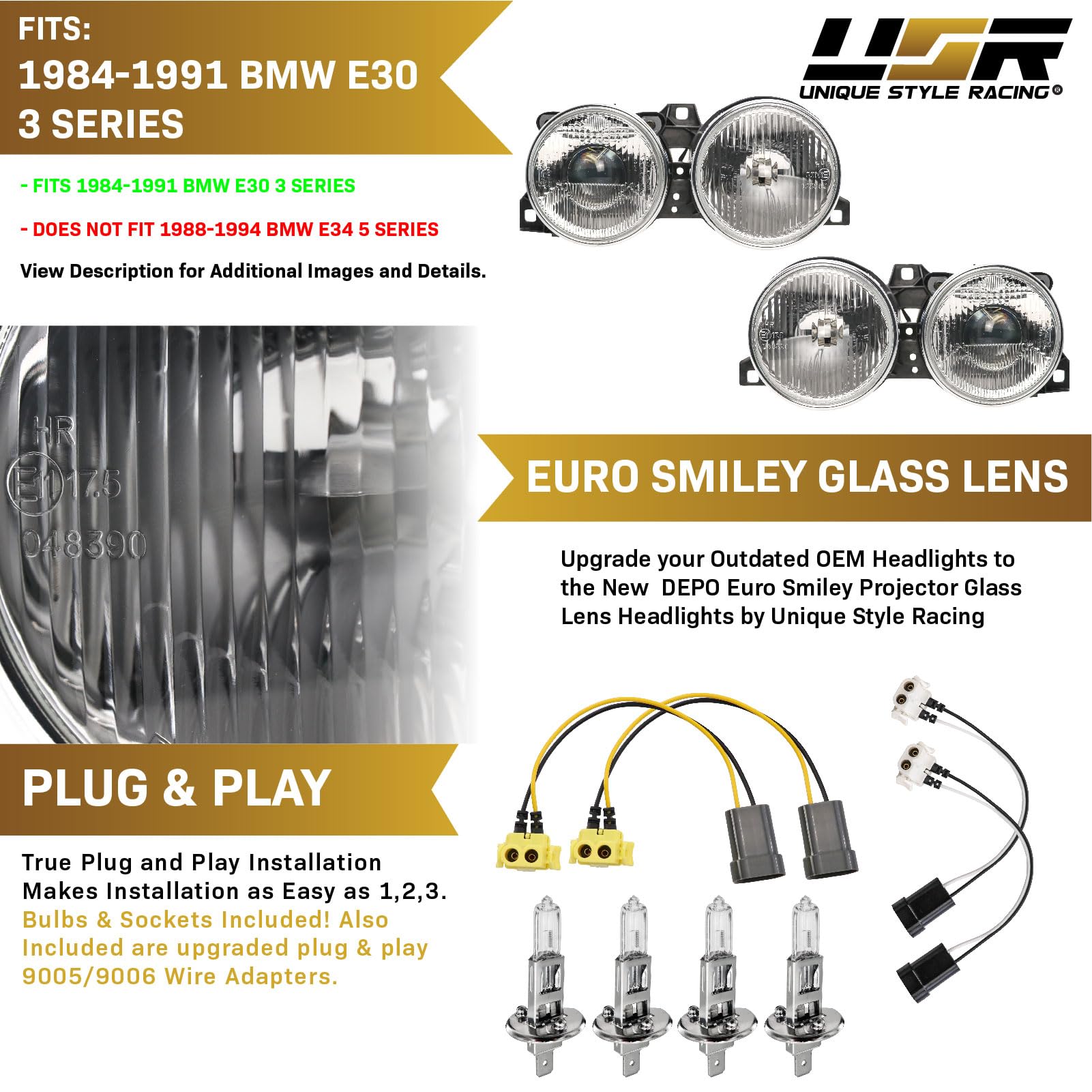 Depo E30 Side Marker Lights - Euro Clear Front And Rear Bumper Sidemarkers Lamps Compatible With 1984-1991 Bmw E30 3 Series / 88-94 E32 7 Series / 89-96 E34 5 Series (Clear Lens, 4 Pieces /Set)