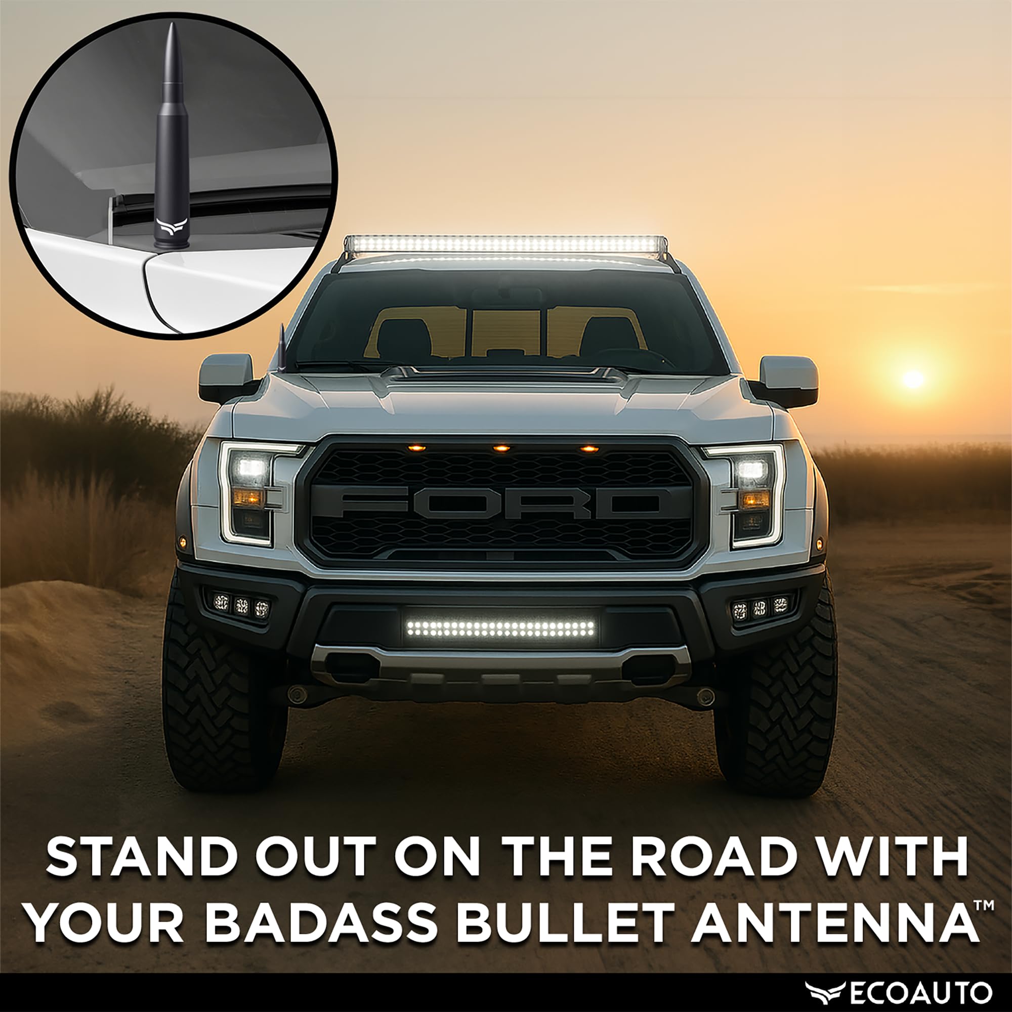 Ecoauto 50 Cal Bullet Antenna For Ford F150 F250 F350 & Dodge Ram & Ford Raptor Bronco - Instantly Upgrade Your Truck Look With