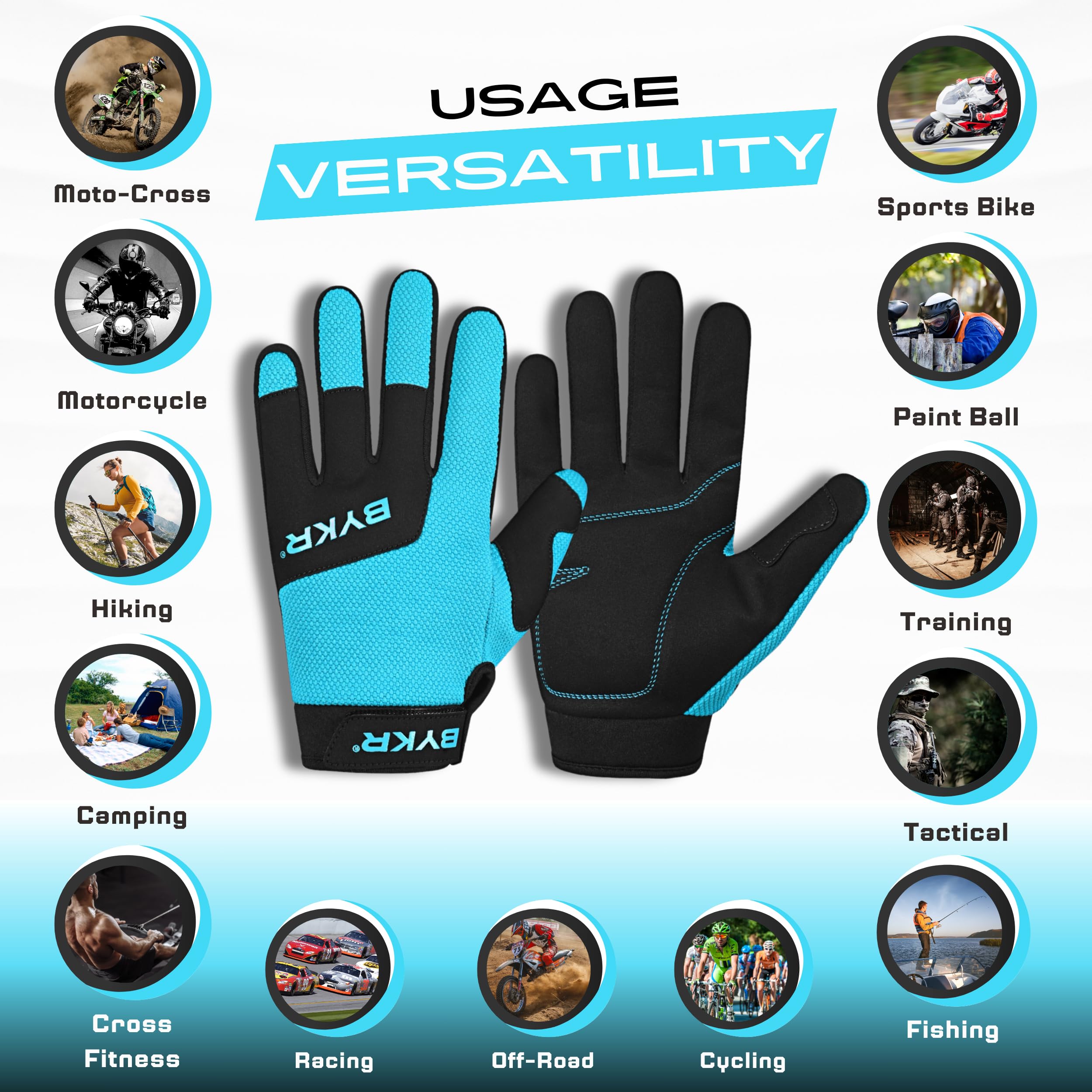 Bykr All-Weather Motorcycle Gloves For Men & Women - Protection For Dirt Bike, Bmx, Mx, And Atv Riding - Blue 3Xl