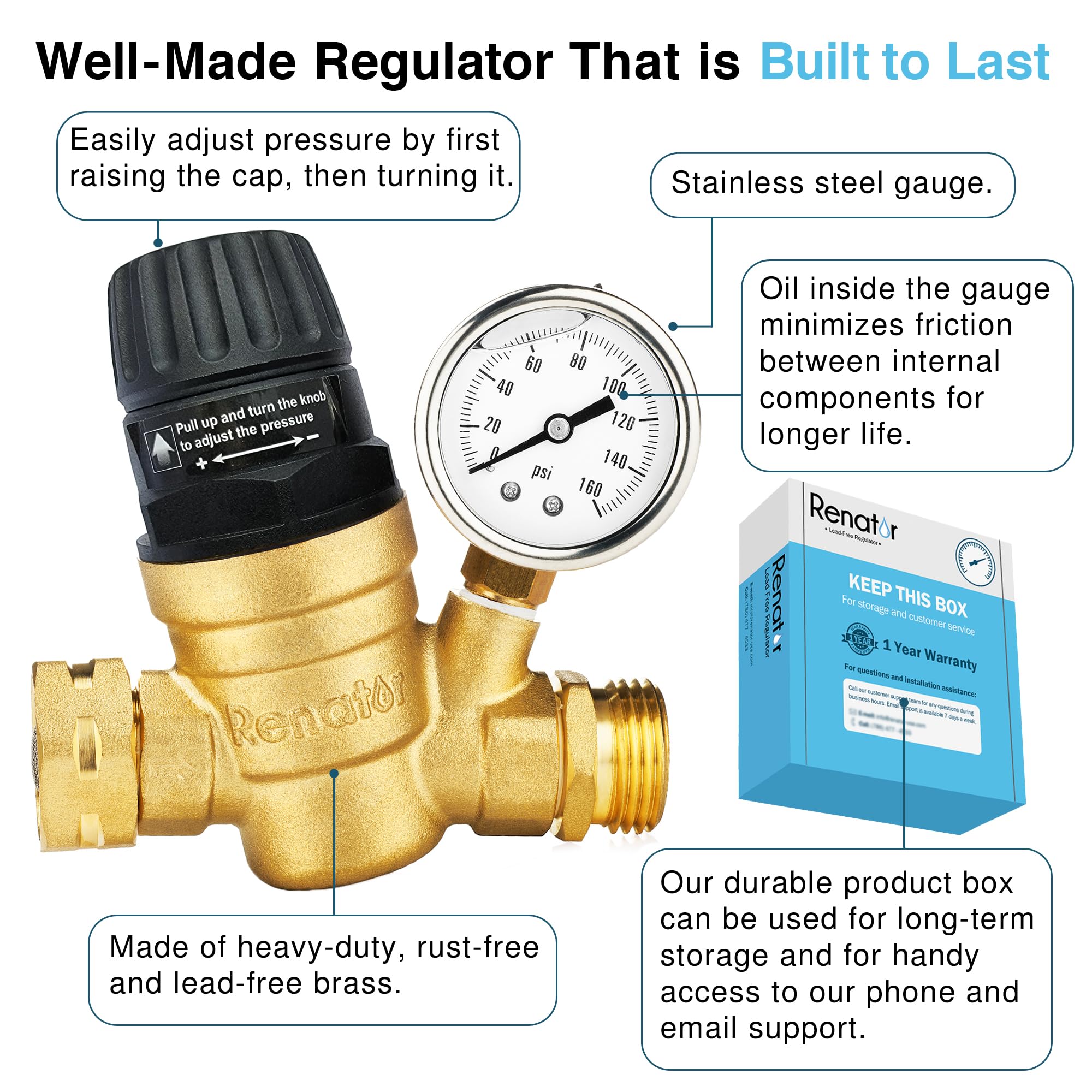 Renator Rv Water Pressure Regulator For Rv Camper. Brass Lead-Free Adjustable Rv Water Pressure Regulator With Gauge. Rv Water R