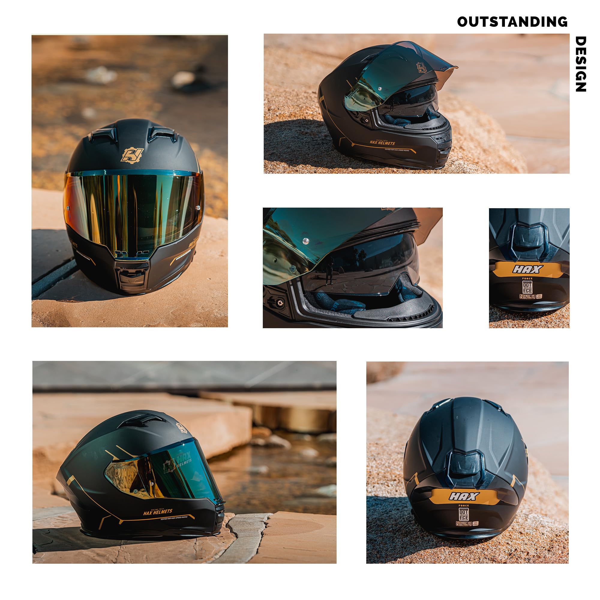 Hax Force Aerodynamic Full Face Helmet For Street & E-Bikes Dot & Ece Certified - Enhanced Dual Visor, Adult Size, Pinlock Ready Matte Black Gold L