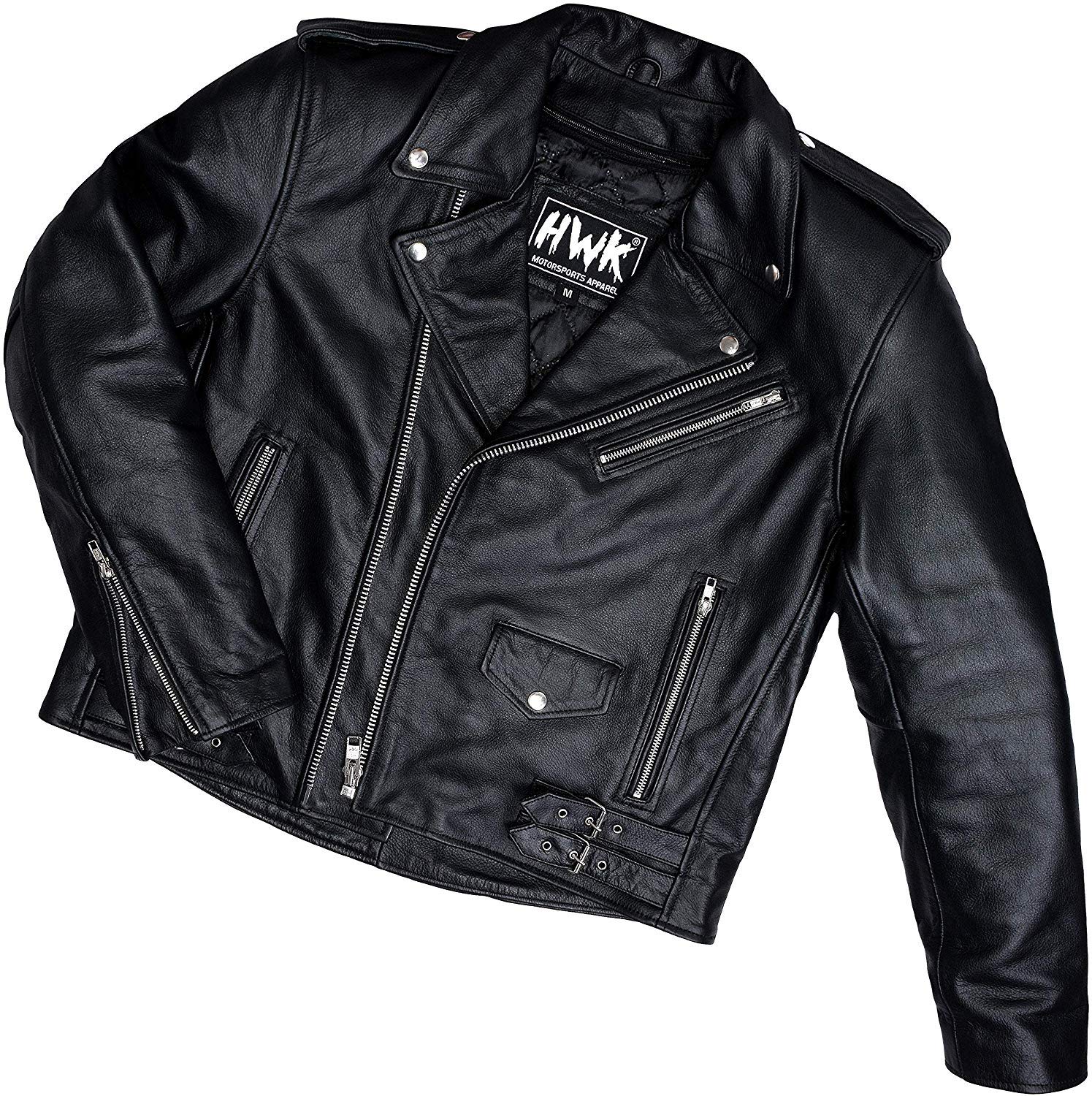 HWK Brando Leather Motorcycle Jacket for Men, Black, XX-Large, Genuine Leather, Removable CE Armor, Weather Resistant