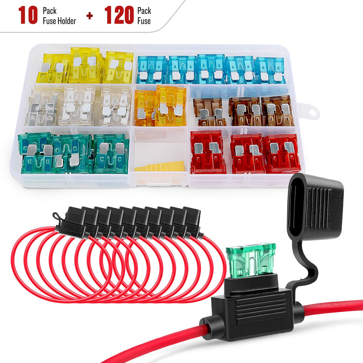 Nilight - 50029R 120 Pcs Standard Blade Fuse 5A/7.5A/10A/15A/20A/25A/30A AMP Assorted Set with 10 Pack 14AWG ATC/ATO Inline Fuse